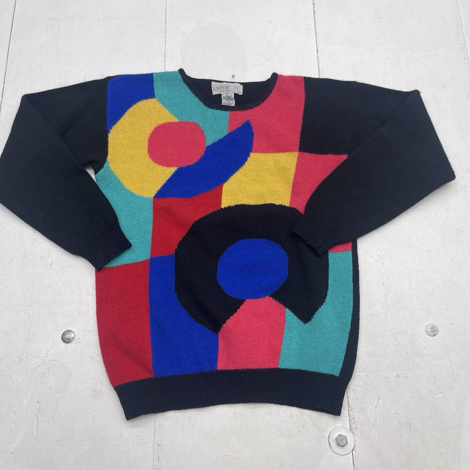 Vintage Lauren Cole Black Multicolored Colorblock Sweater Women’s Size Petite P