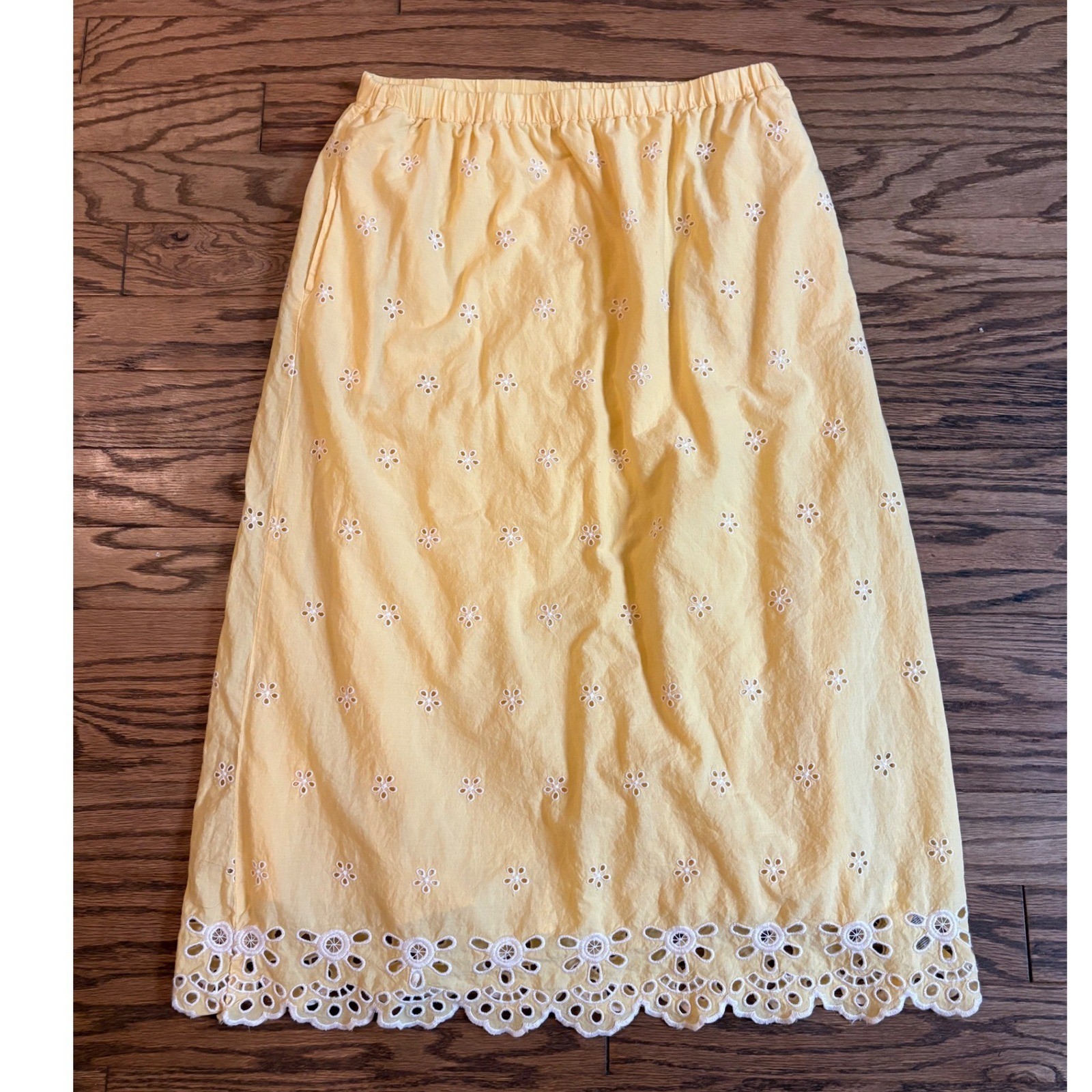 Old Navy Yellow Eyelet Skirt Womens L Tall Elastic Waist Floral Boho