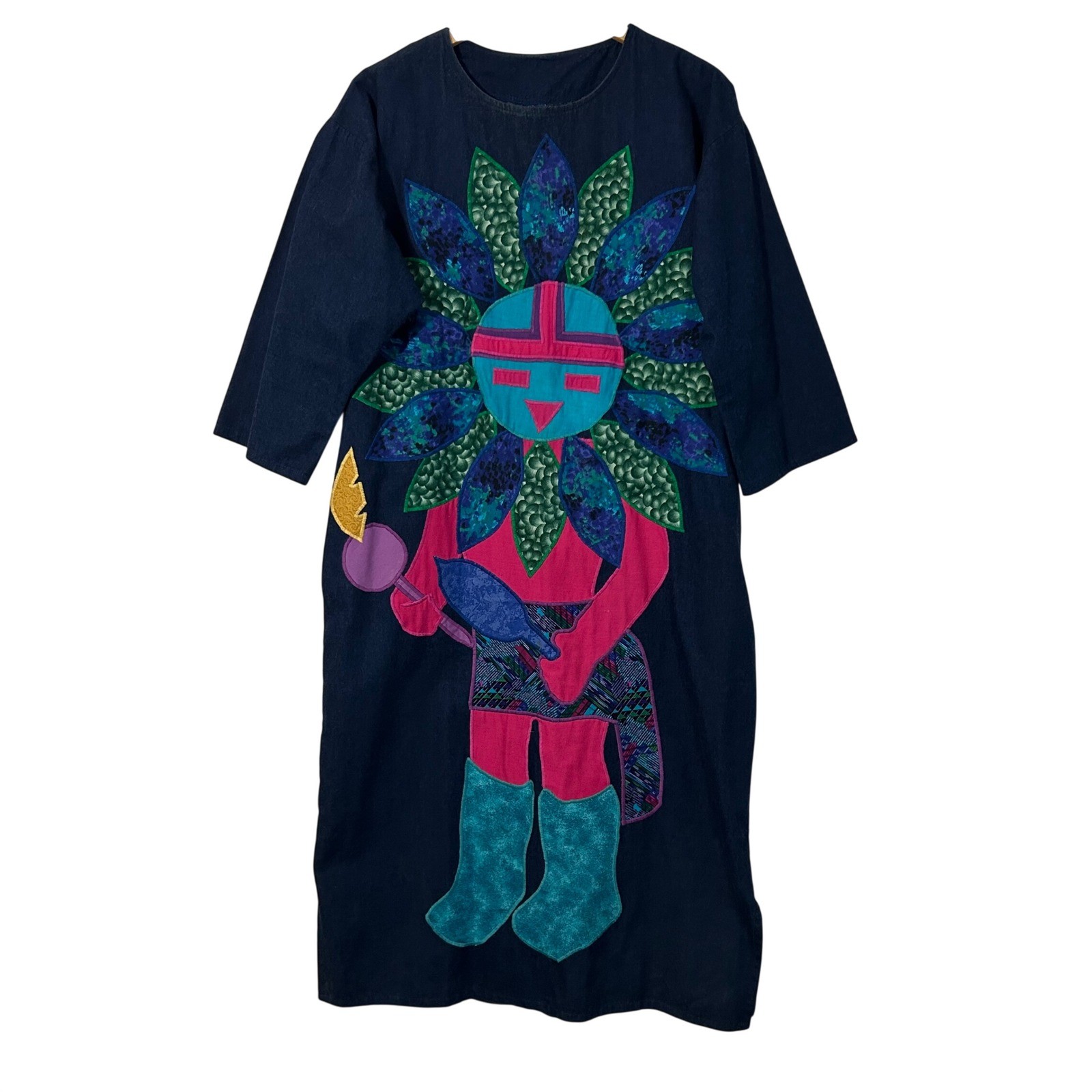 VTG Alfredo’s Wife Indigo Denim Applique Sun Deity Kachina Dress Pockets Blue