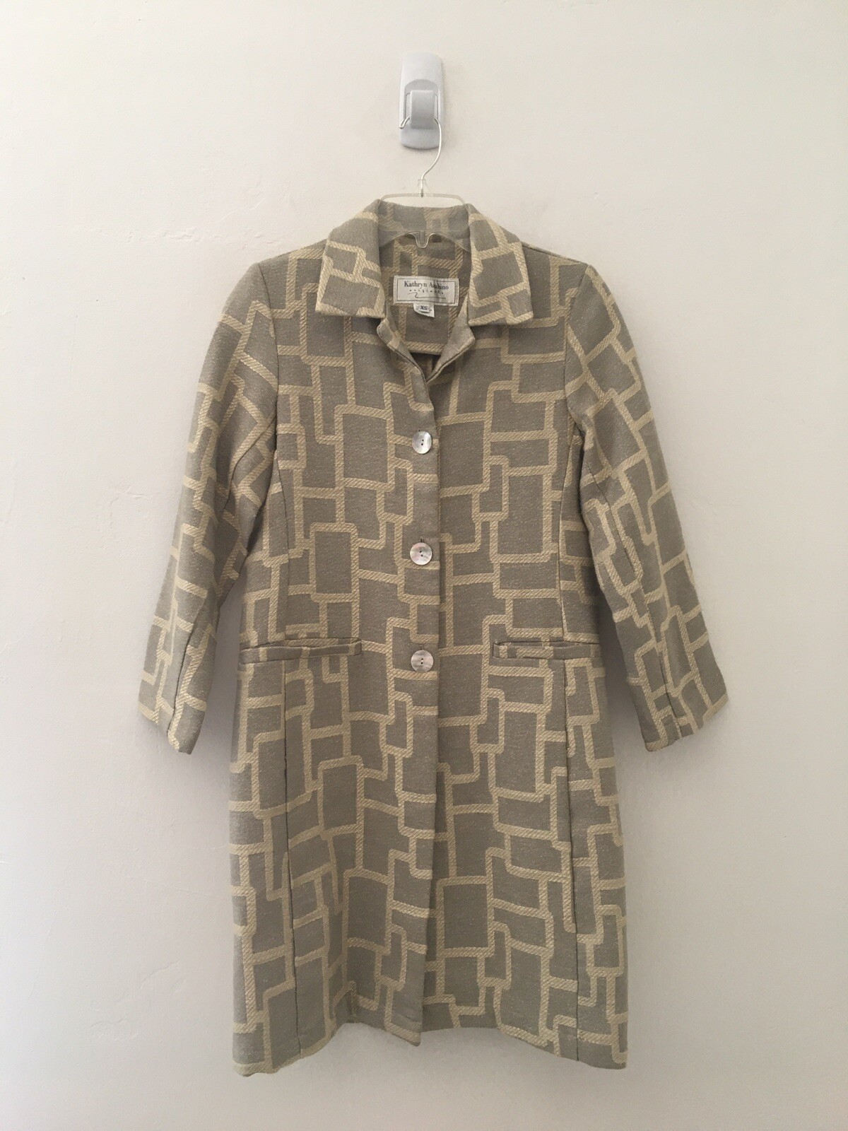 Vtg Kathryn Asahino Originals Coat XS Gray Beige Mid Mod Geometric Sparkle