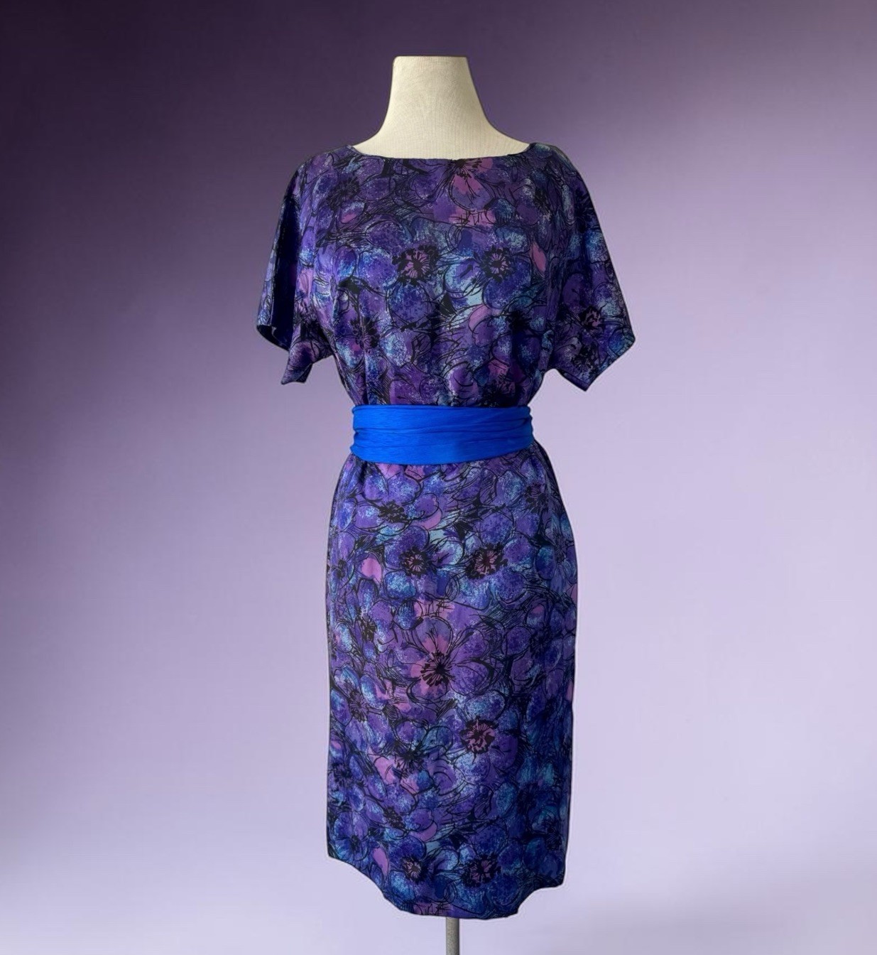 Vtg 60s Purple Blue Floral Dress XL Midi Handmade 50s Retro Rockabilly