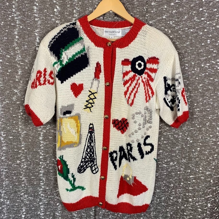 Vintage 90s The Eagles Eye Paris Cardigan Sweater Knit Short Sleeve Novelty Sz M