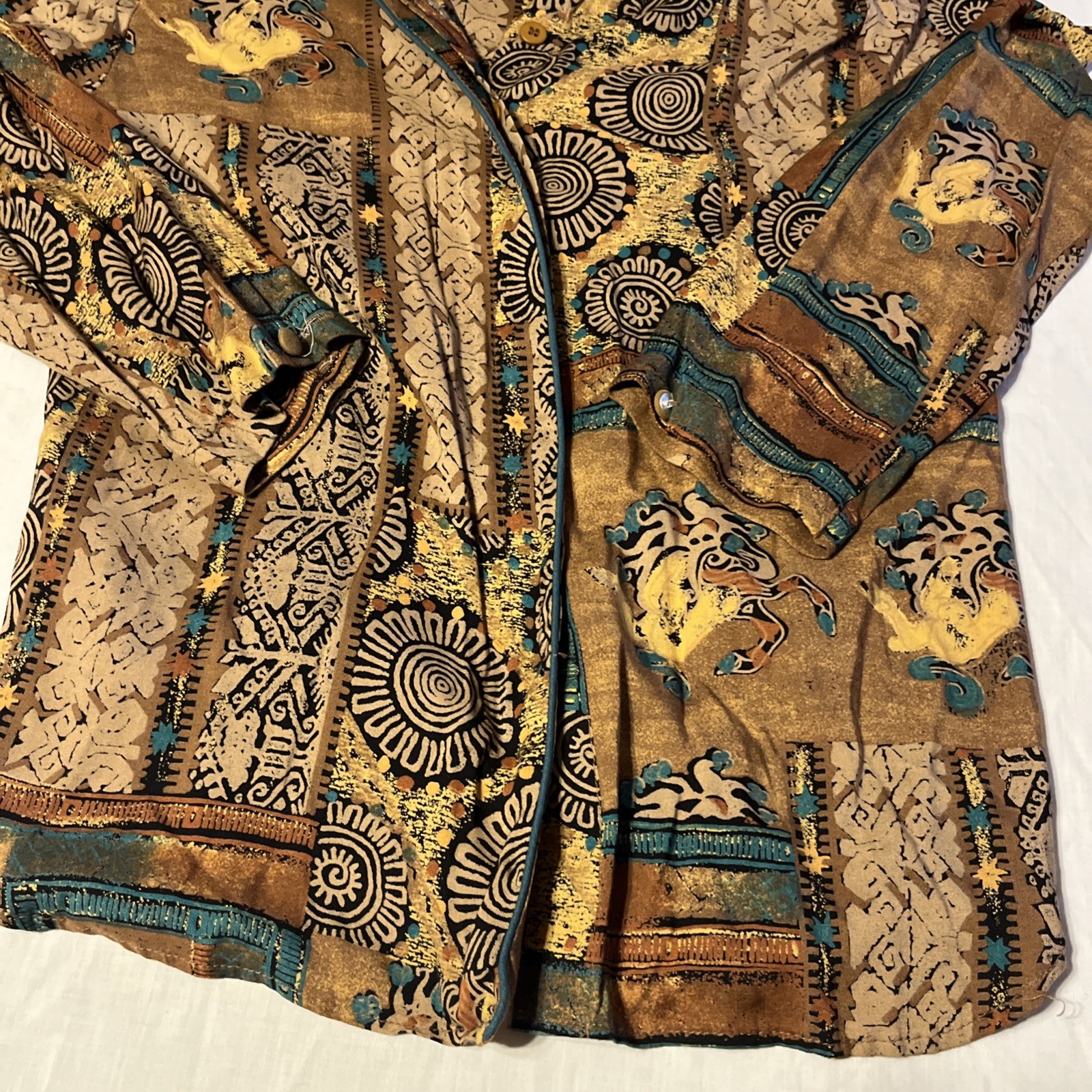 Vintage Tobria Abstract Print Rayon Button Up Blouse Shoulder Pads Size 8 USA