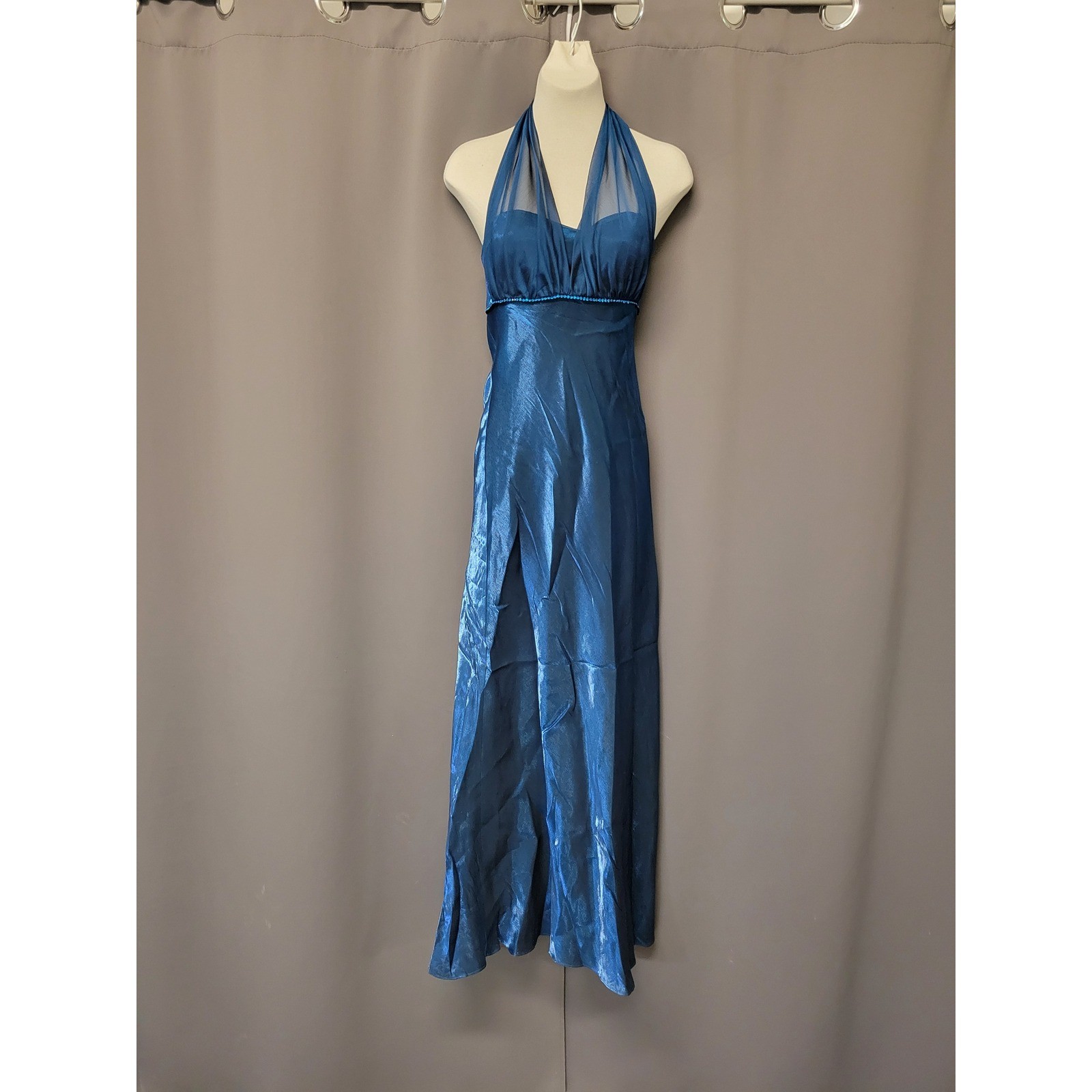 Vintage 90s Betsy & Adam Gown Teal Blue Iridescent Halter Rhinestone Slit Maxi 6