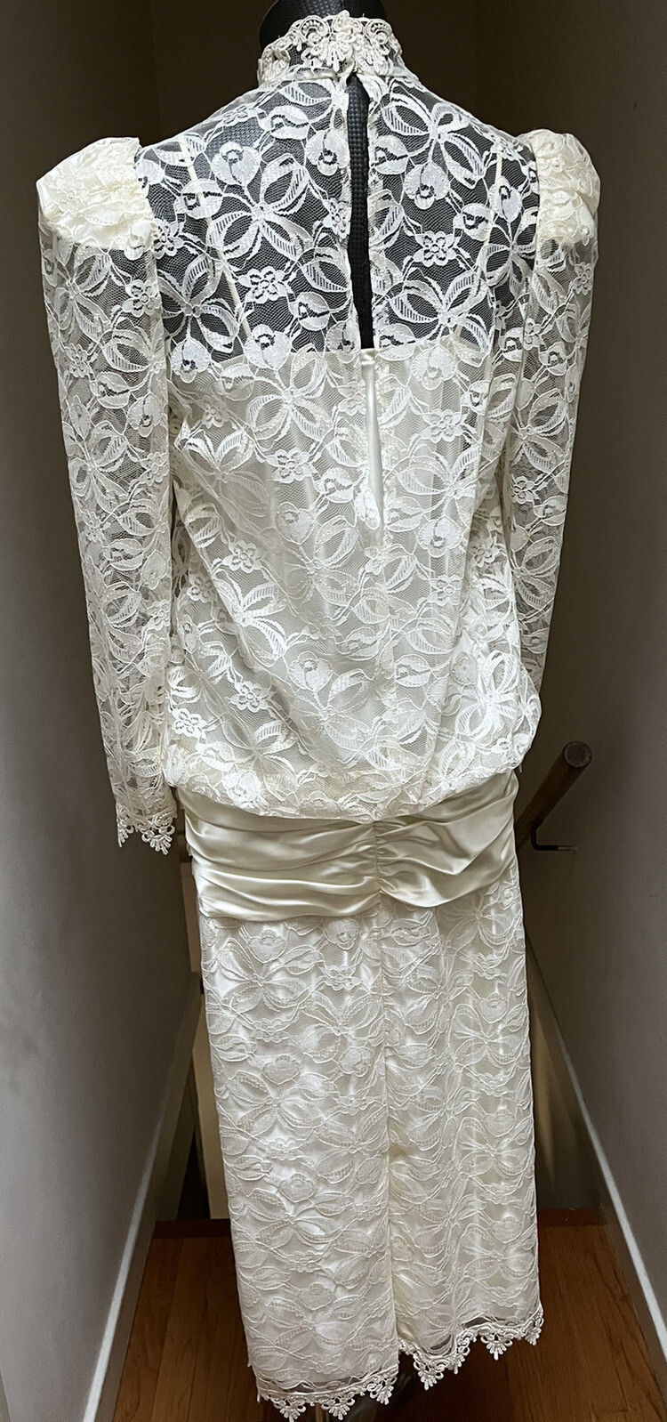 Vtg Lace Dress Victorian Style Drop Waist Midi High Collar Sequin SMALL