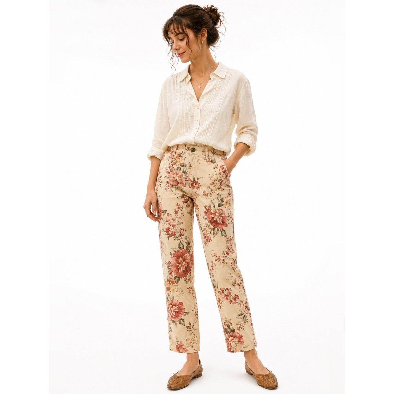 Talbots Petites 2 Floral Rose Print Cotton Twill Pants Cottagecore Romantic