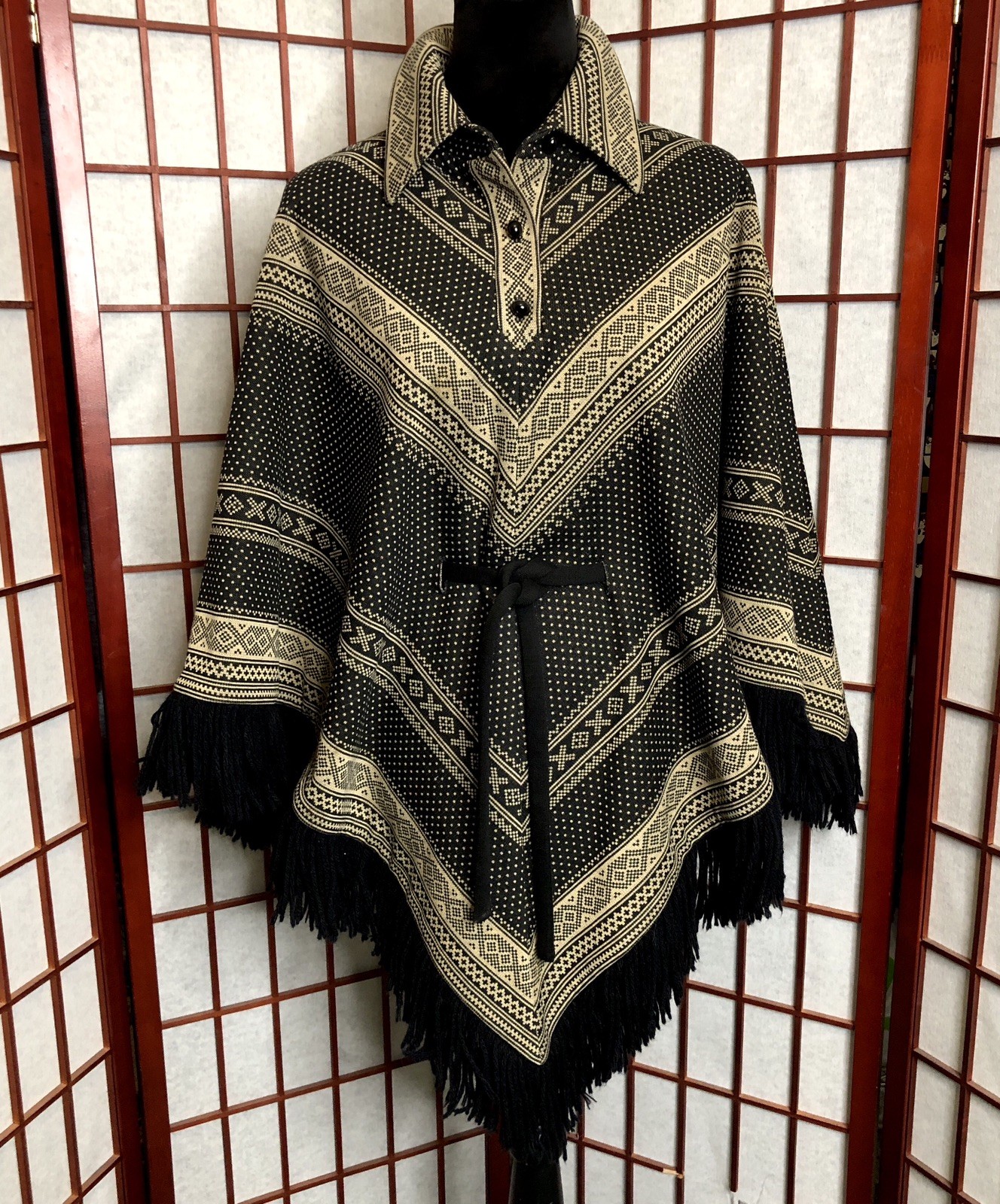 Vintage 60s 70s BUTTE KNIT Polyester Black Beige Fringe Belted Poncho Coat Dress