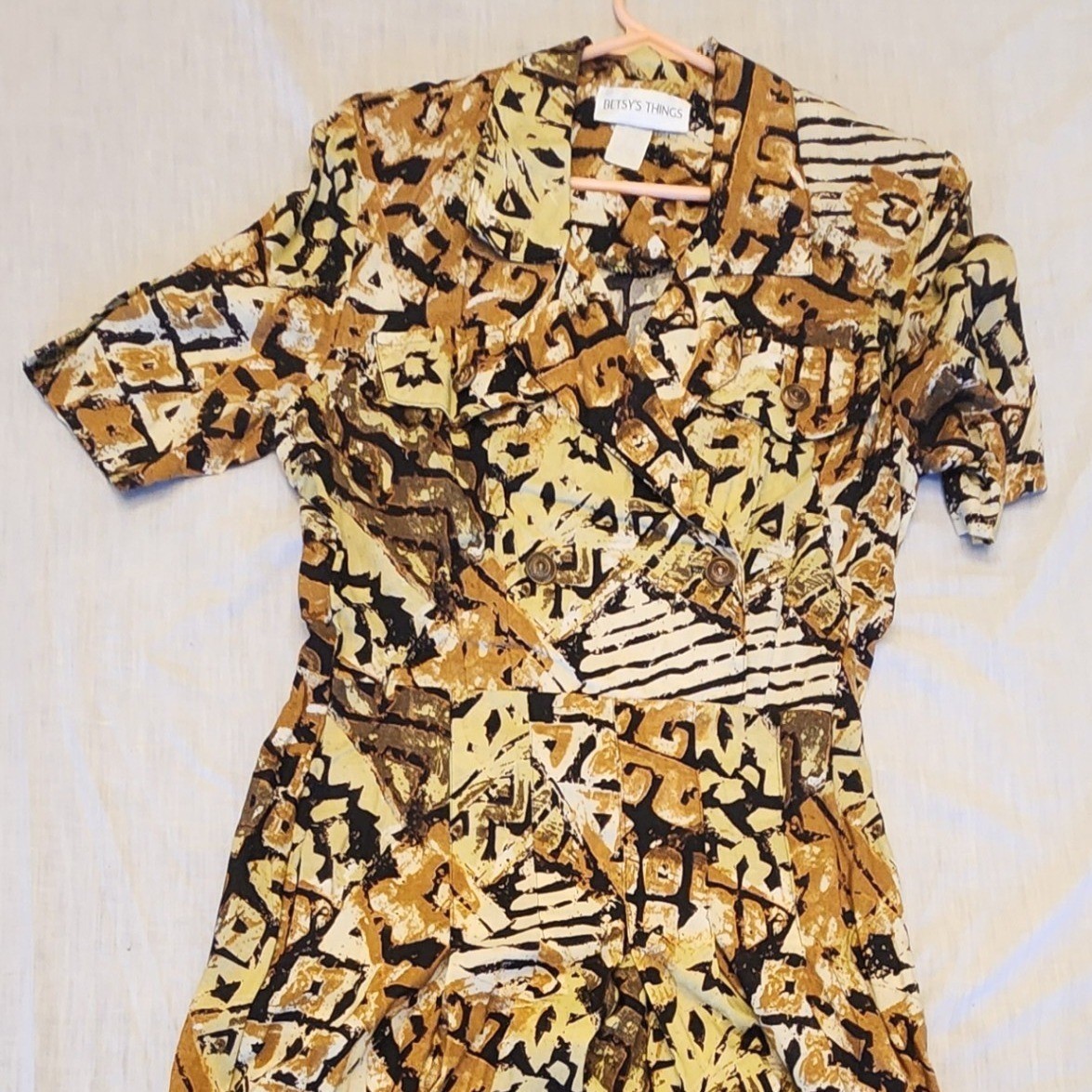 Vtg 80s Betsys Things Abstract Geometric Print Maxi Shirt Dress Brown Tan Black