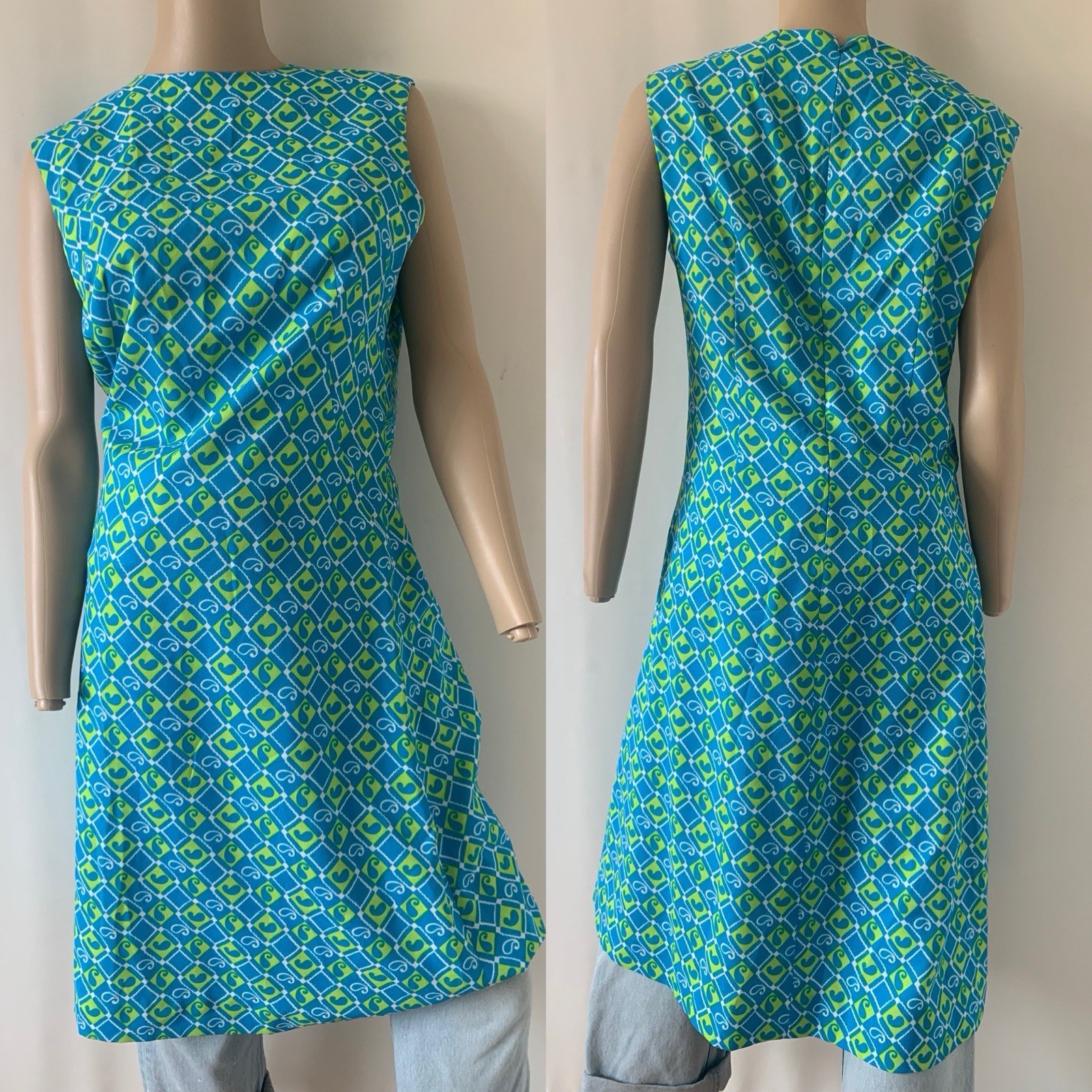 Vintage 70s stretch-poly neon green and blue Diamond paisley mod dress