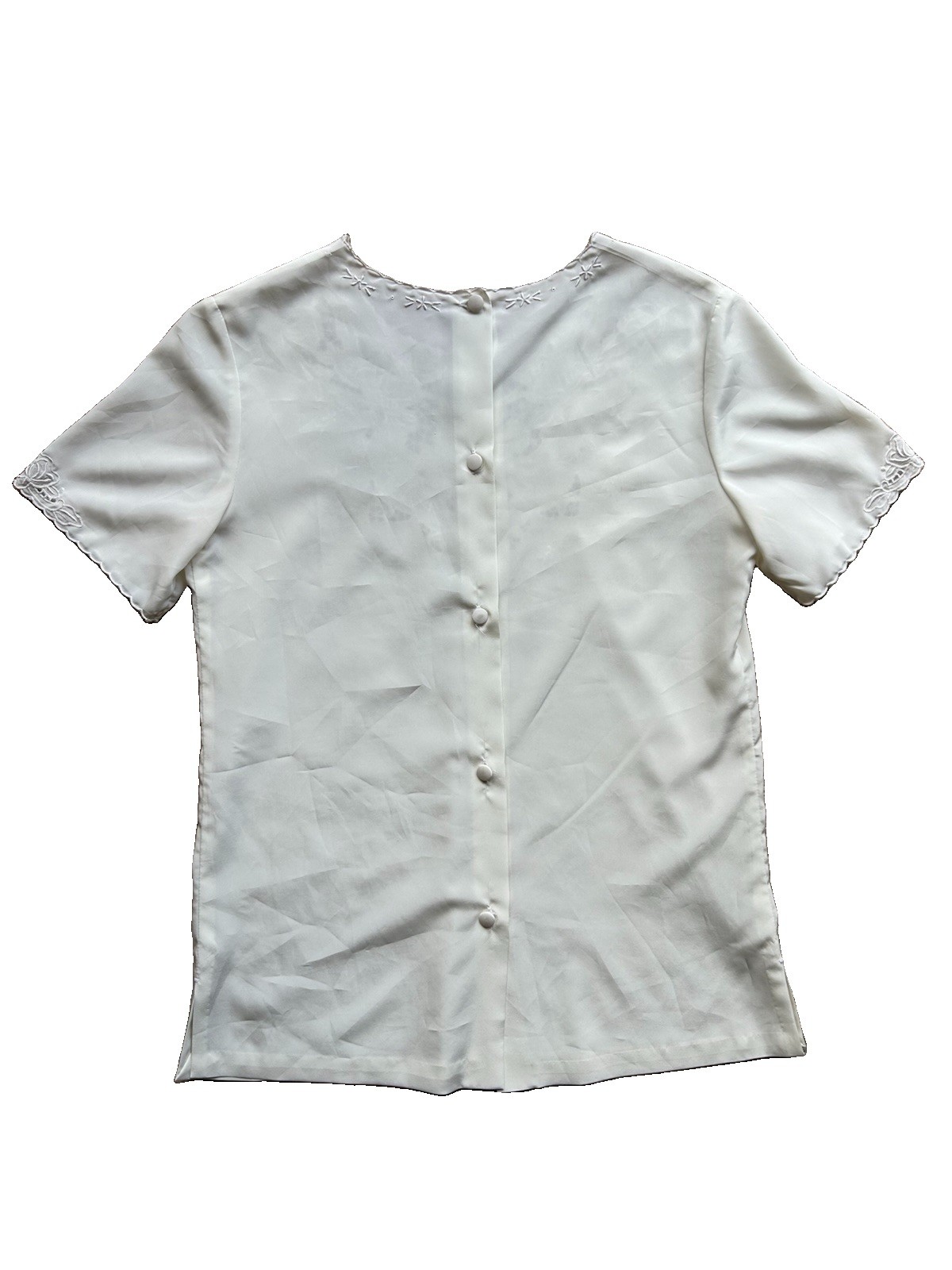 Rose Blouse Shirt Top White Back Button Floral S 80s Hand Embroidered Romantic