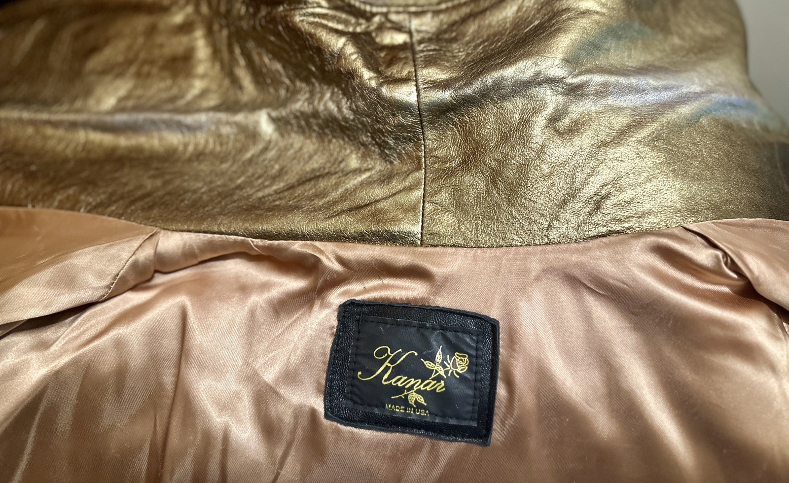 VTG 80s Kanar Gold Lame Metallic Leather Swing Coat Hollywood Glam XL / 2XL