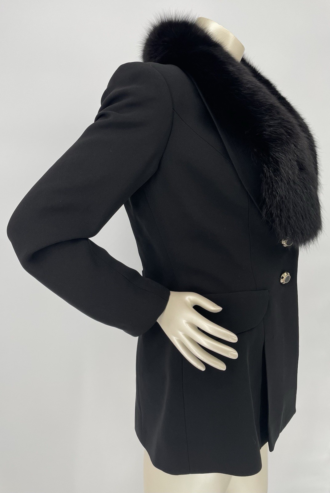 Vintage 90s Alberto Makali Black Fox Fur Collar Power Shoulder Blazer Jacket sm