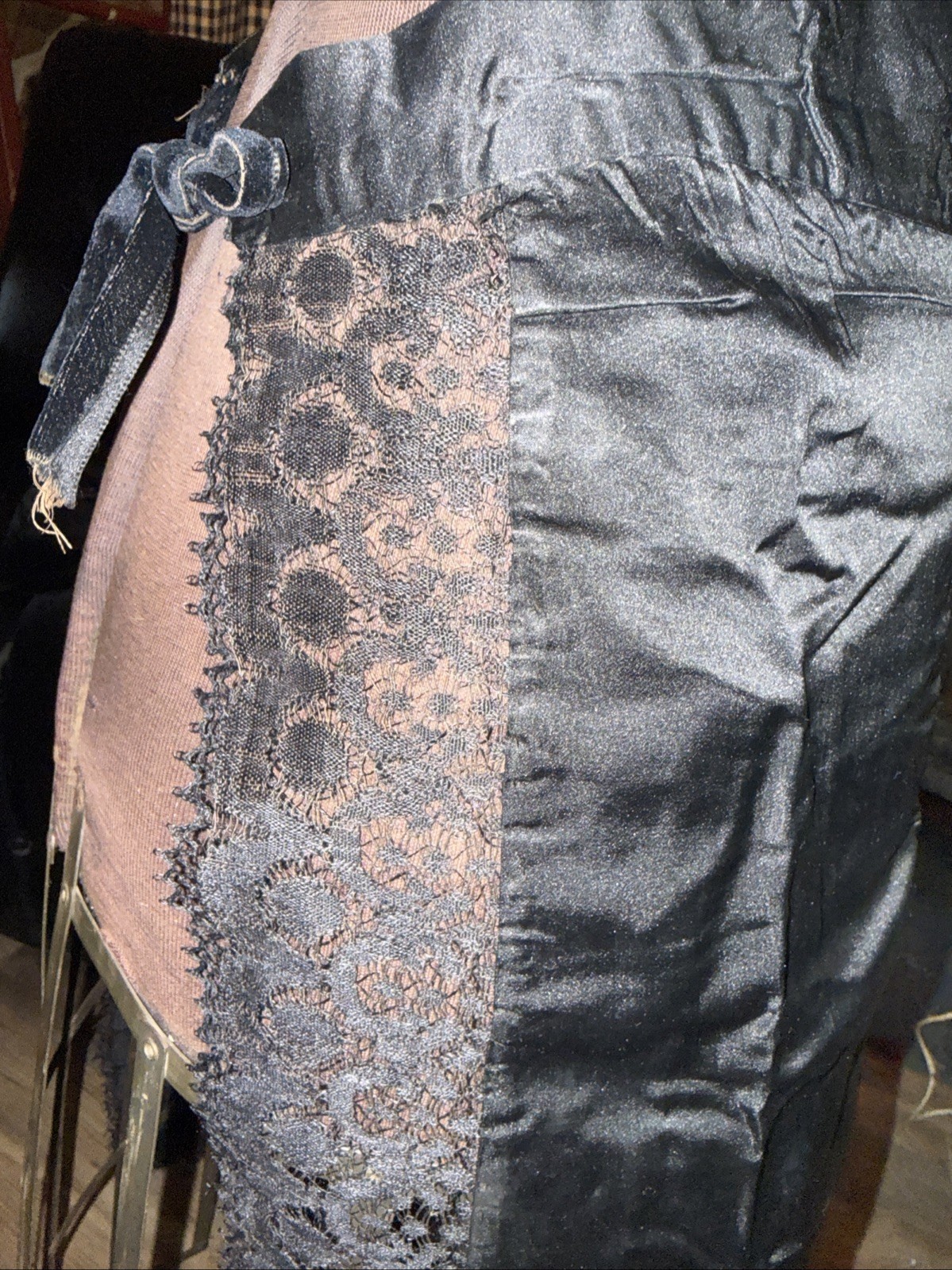 Antique Victorian Edwardian Black Satin And Lace Mourning Apron