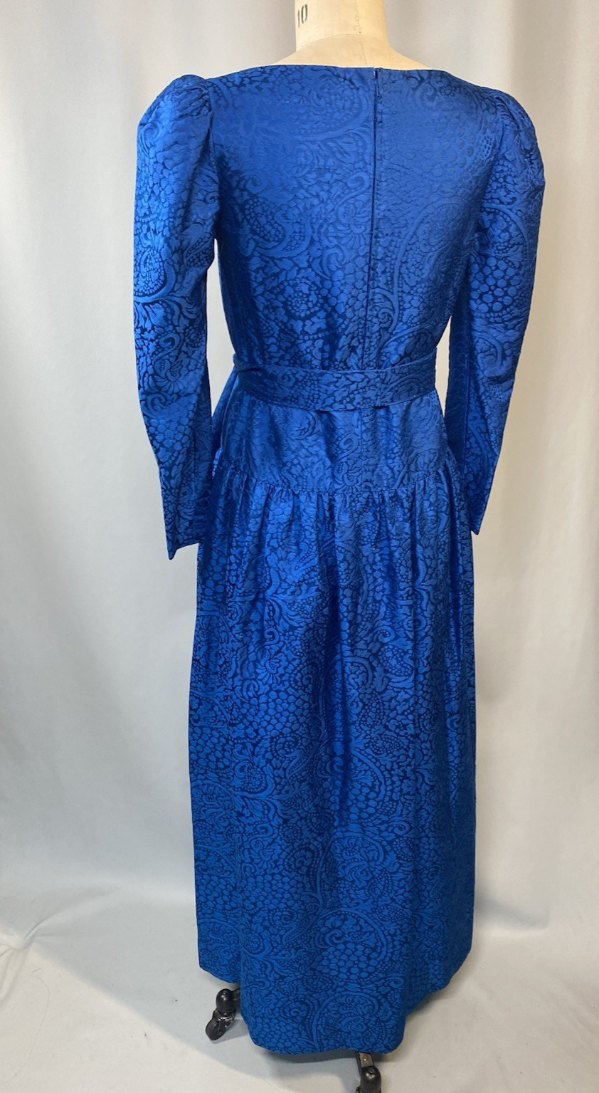 Vintage Dress SIZE LARGE blue Thai silk jacquard long sleeve 80s 90s handmade