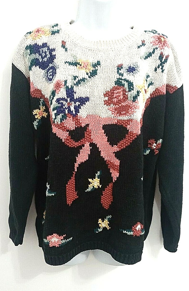 Vintage Jamie Scott L Sweater Black Drop Shoulder Cotton Cottagecore 80s 90s Y2K