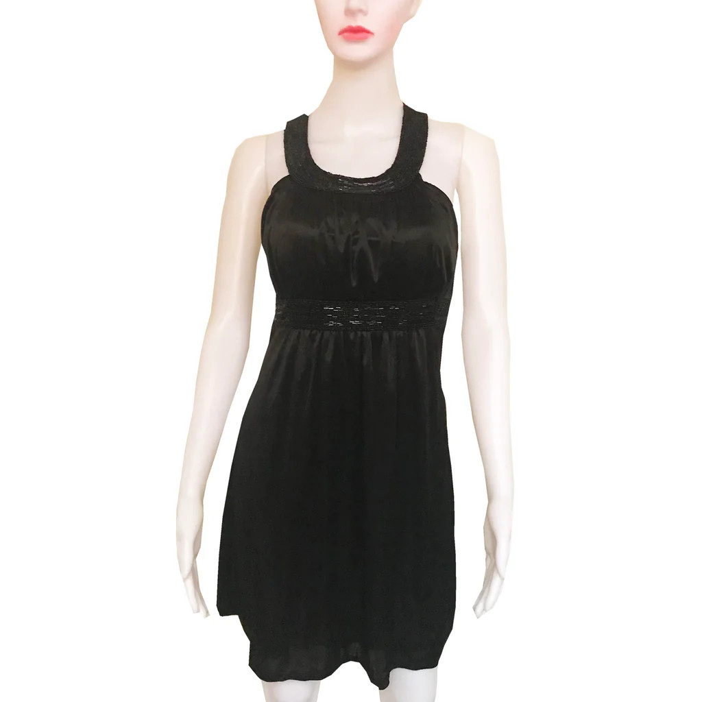 Vintage 1990s Black Satin Beaded Halter Mini Skater Dress S Cocktail Prom LBD