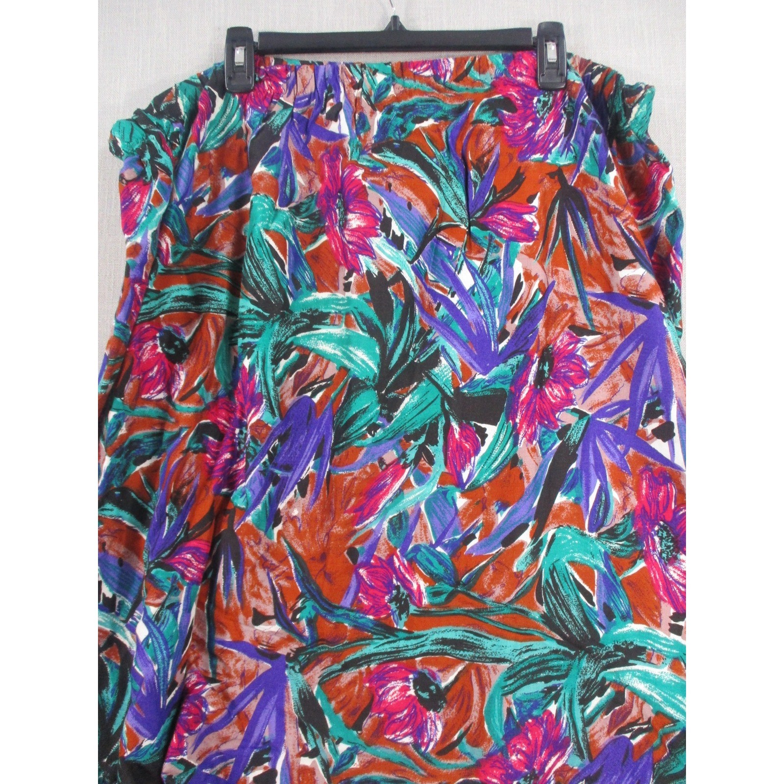 Vintage Floral Rayon Midi Skirt Elastic Waist Tropical Print Made in USA SZ 24