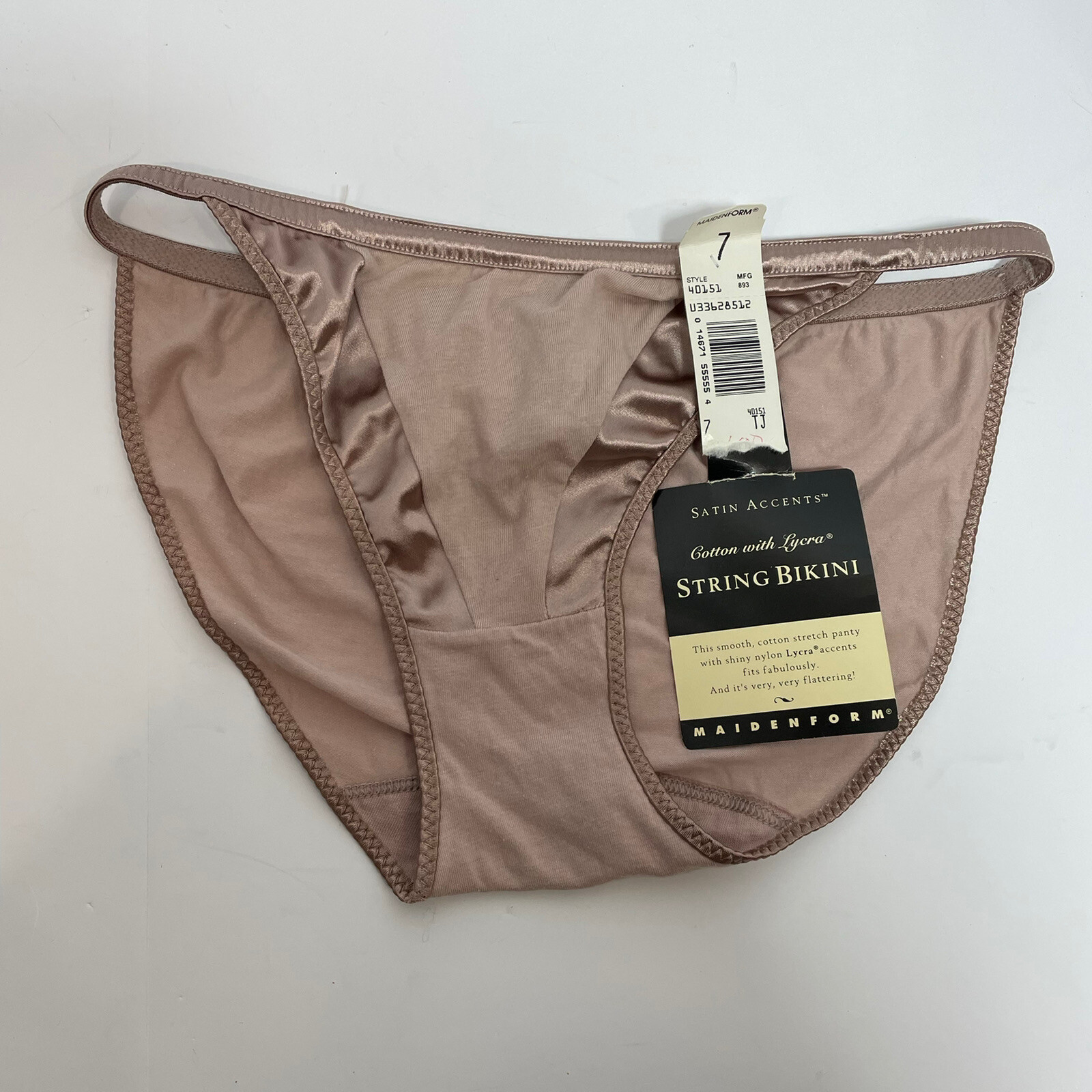 VTG MAIDENFORM STRING BIKINI SATIN ACCENTS TAUPE Skin Tone SZ 7 SATIN/COTTON New