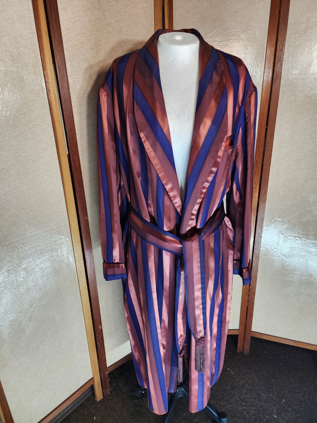 Royal Lounger Smoking Jacket 40s Maroon Blue Stripes Satiny Dressing Gown Deco