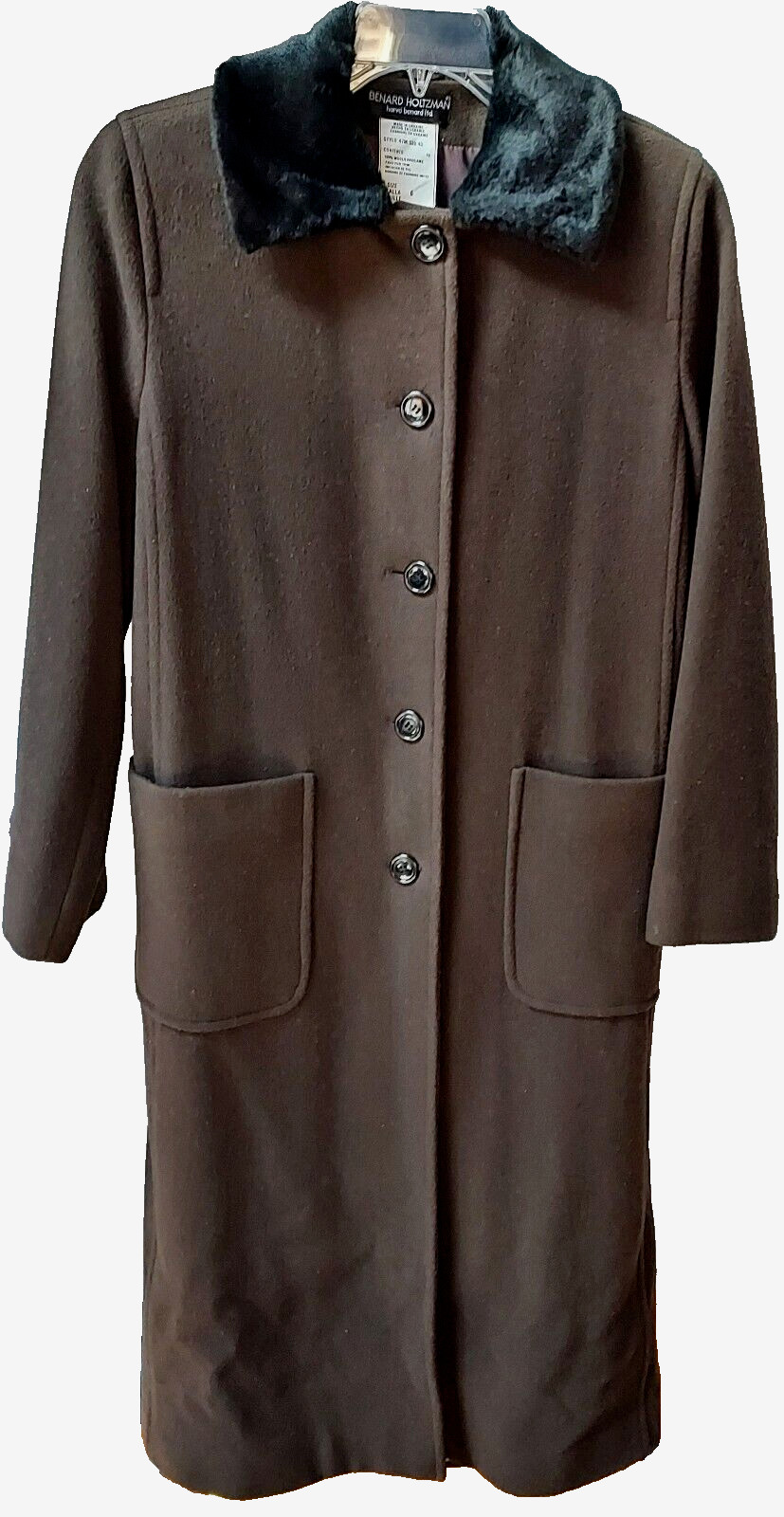 Vtg HARVE BENARD by HOLTZMAN Women Long Wool coat Faux Fur collar Dk Brown Sz 6