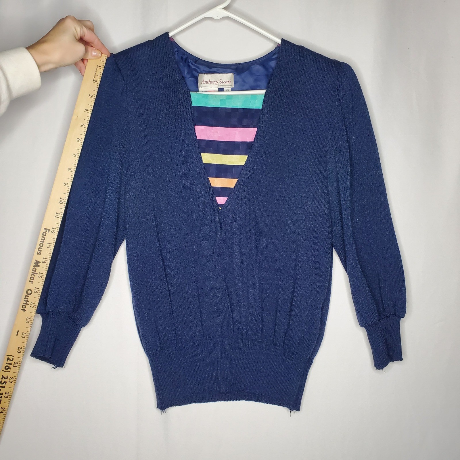 Anthony Sicari Vintage 80s Navy Blue Knit Sweater 10 Striped Inset V-Neck