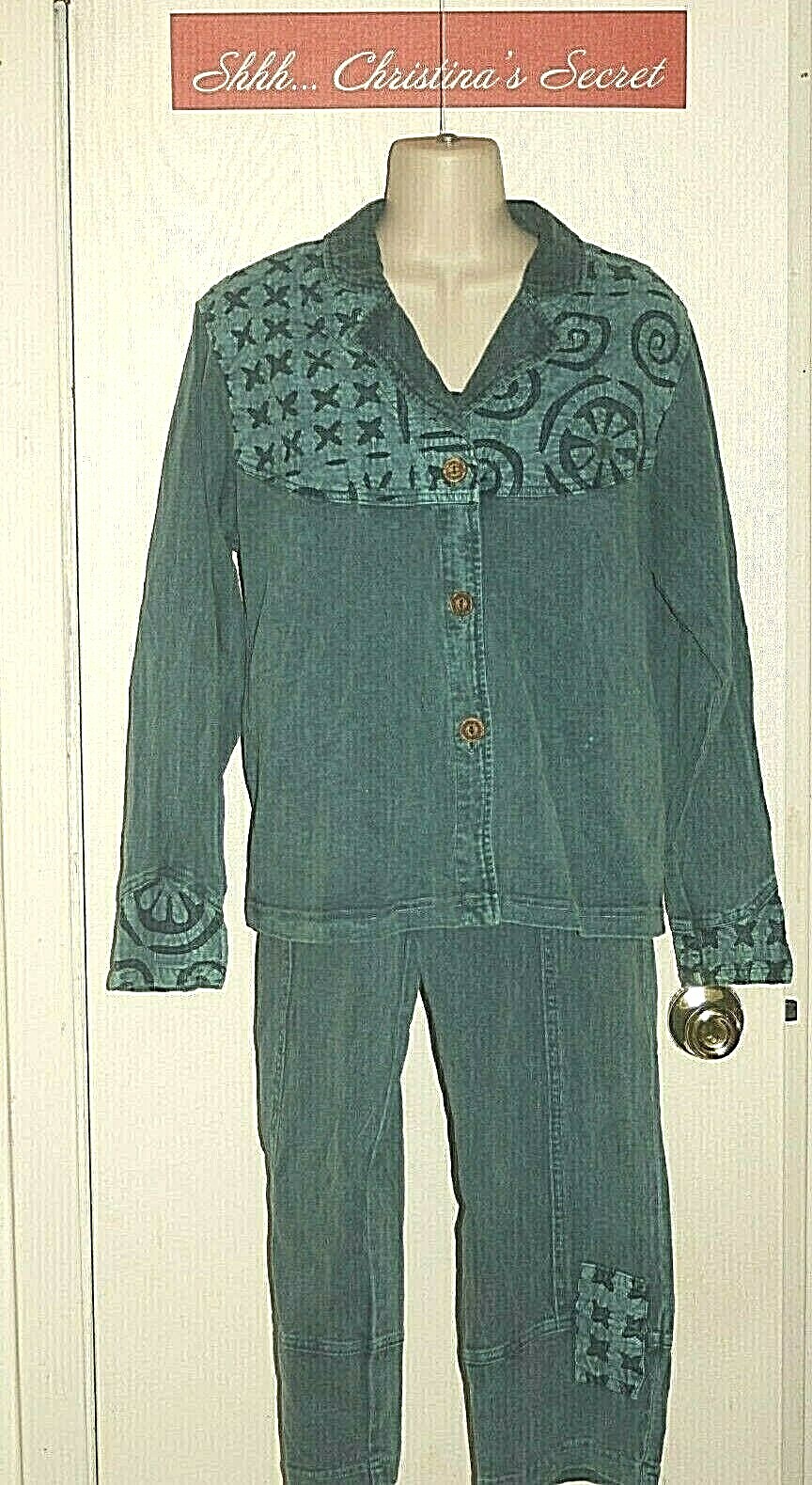 VINTAGE PRODUCE CO STUDIO Pants Jacket 2 pc Cotton Teal Green USA Sz S/M *VG