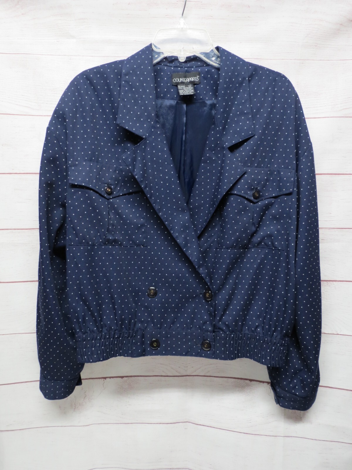 Vintage Size 12 Large Counterparts Navy Blue White Polka Dot Jacket Blazer