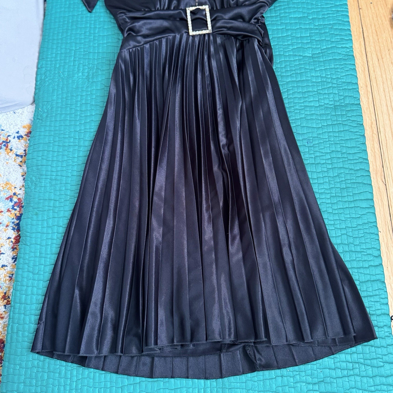 Vintage Y2K Speechless Midi Party Dress Halter Pleated Satin Black Sz S 2000s