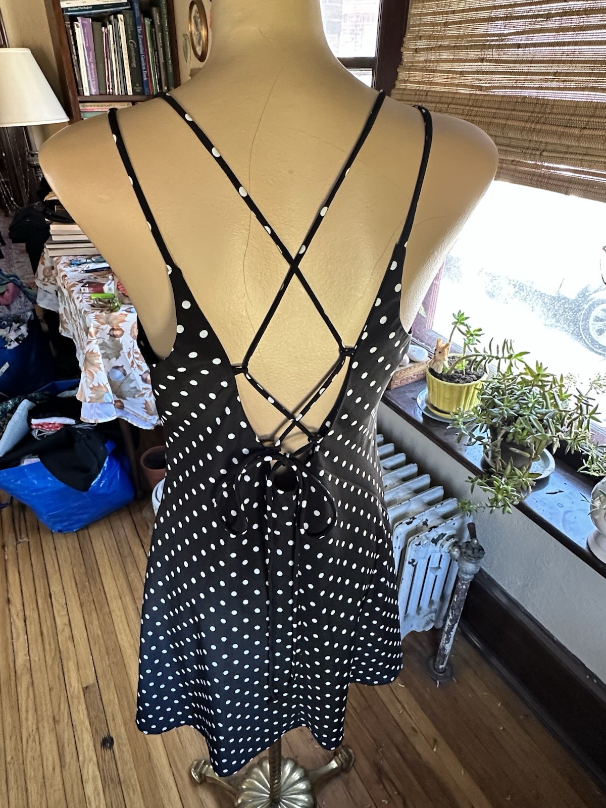 Vintage 80’s DBY Woman’s Dress Black/White Polka Dots Cute Tie Up Back Sz. M