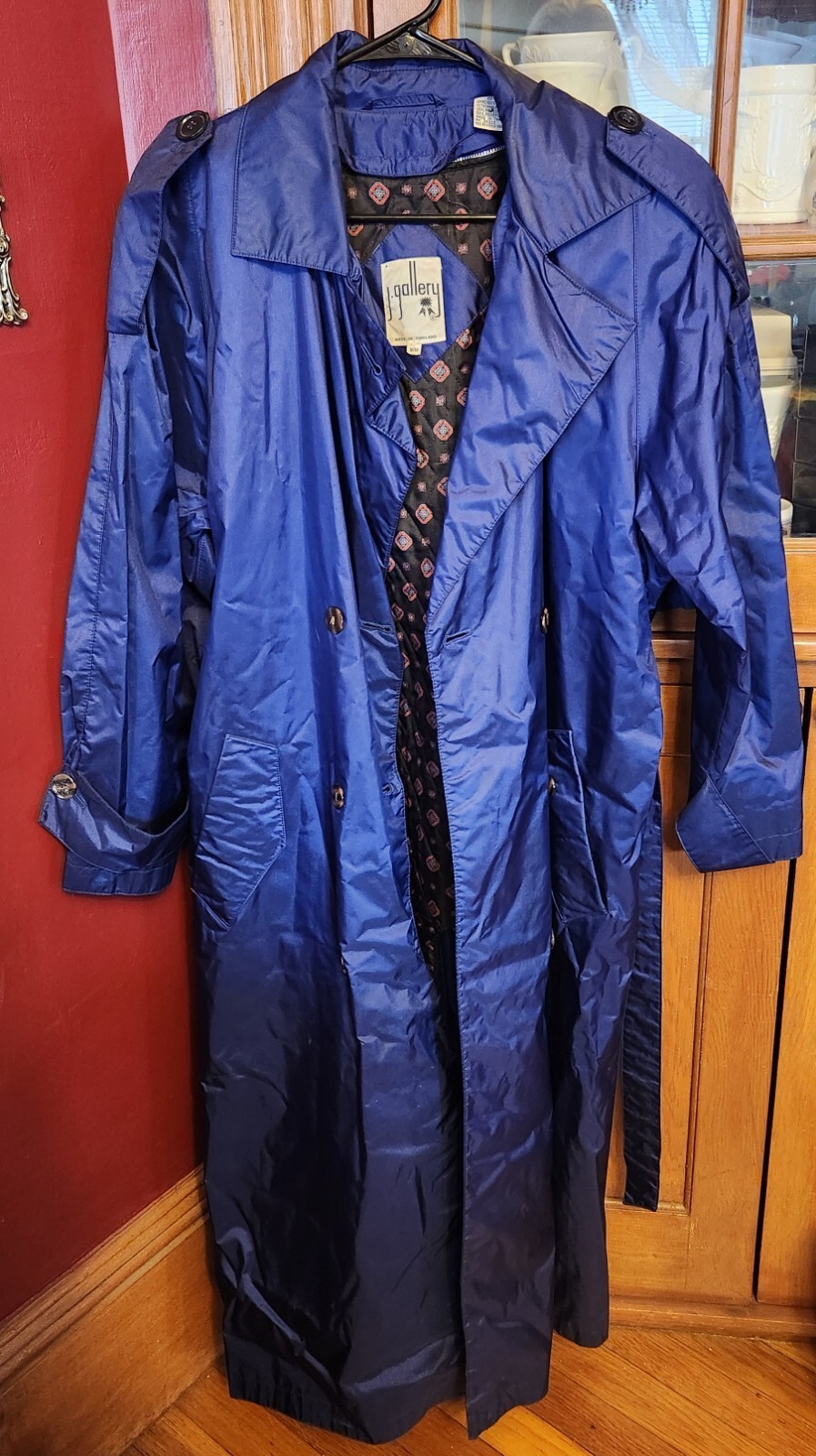 Vintage j.gallery Blue Belted Trench Coat – Zippered Quilted Lining – Size 9/10
