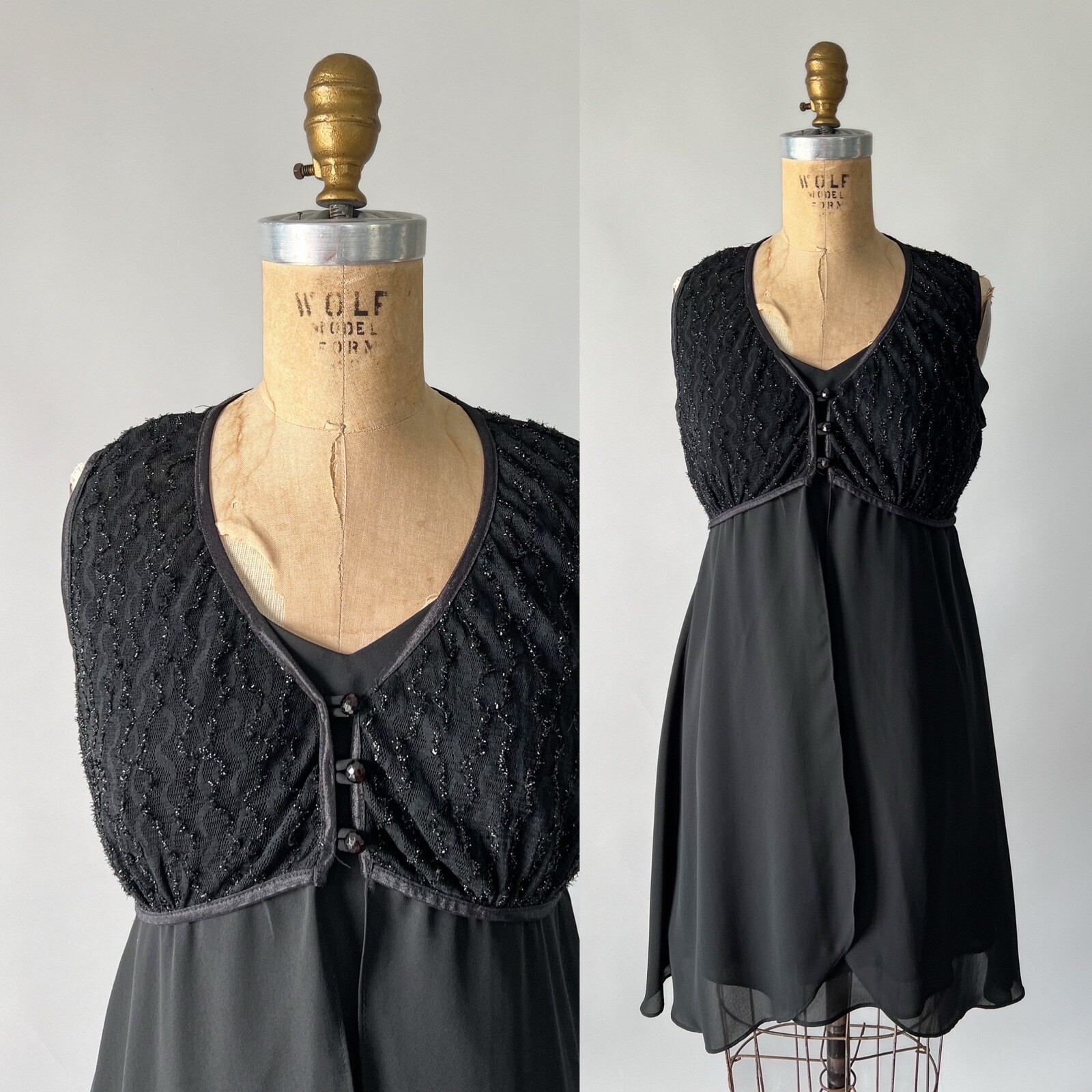 Vintage 1990s Black Chiffon Lace Babydoll Mini Slip Dress Sheer Overlay Sz M