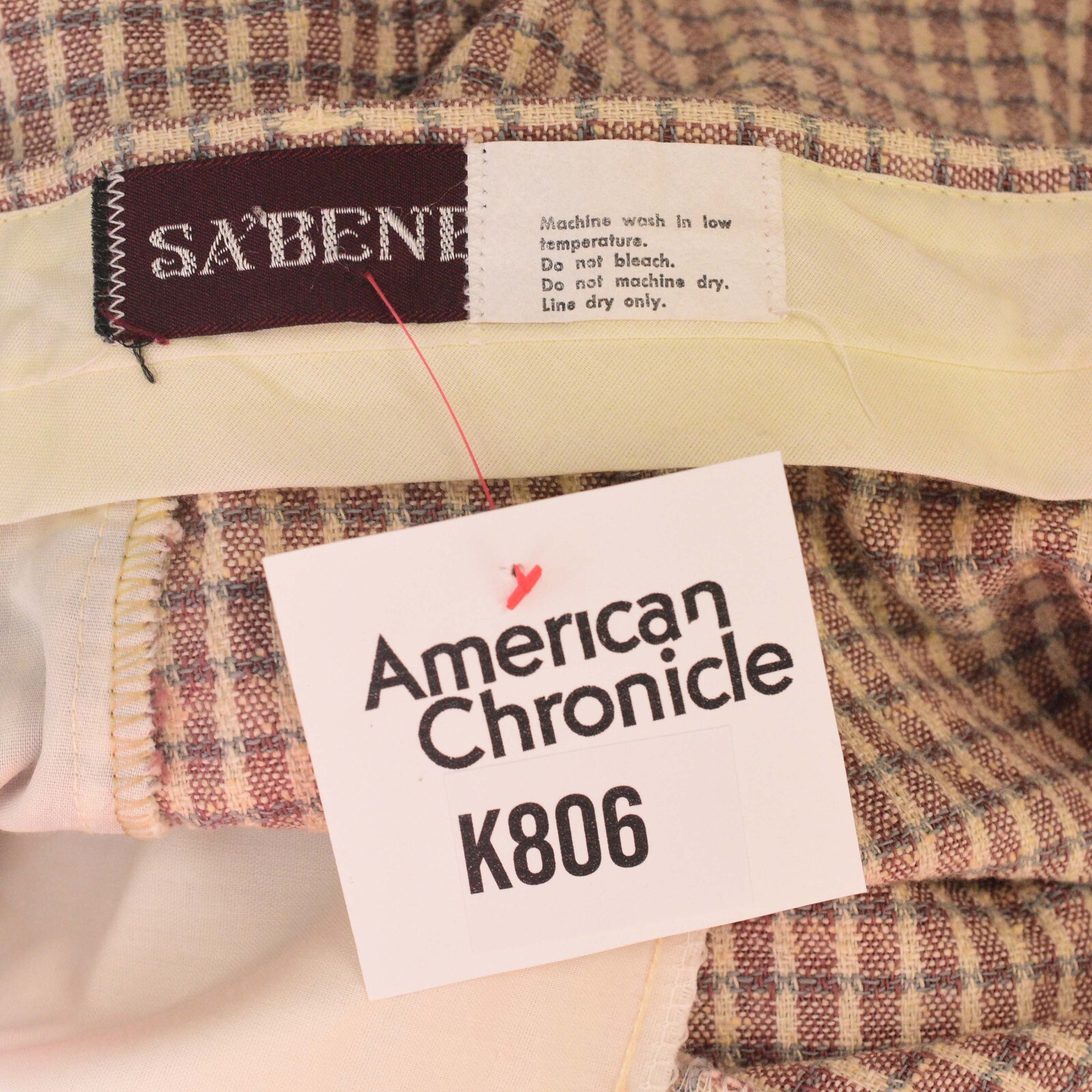 80s Vtg Sabene Woven Plaid High Waist Pants Mauve Beige Textured Knit Straight