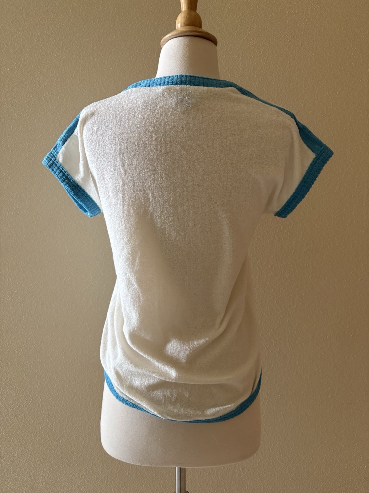 Vintage 70s Women Terry Towel Cloth Textured Top Tee Shirt White Blue M