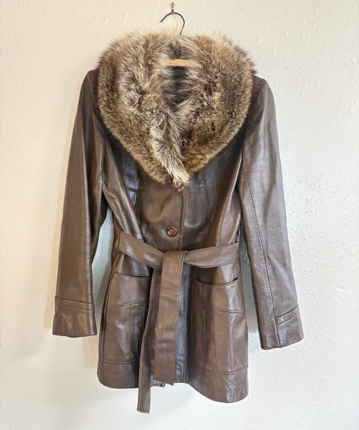 70s Womens S Raccoon Fur Brown Leather Peter Caruso Belted Jacket Coat Vintage
