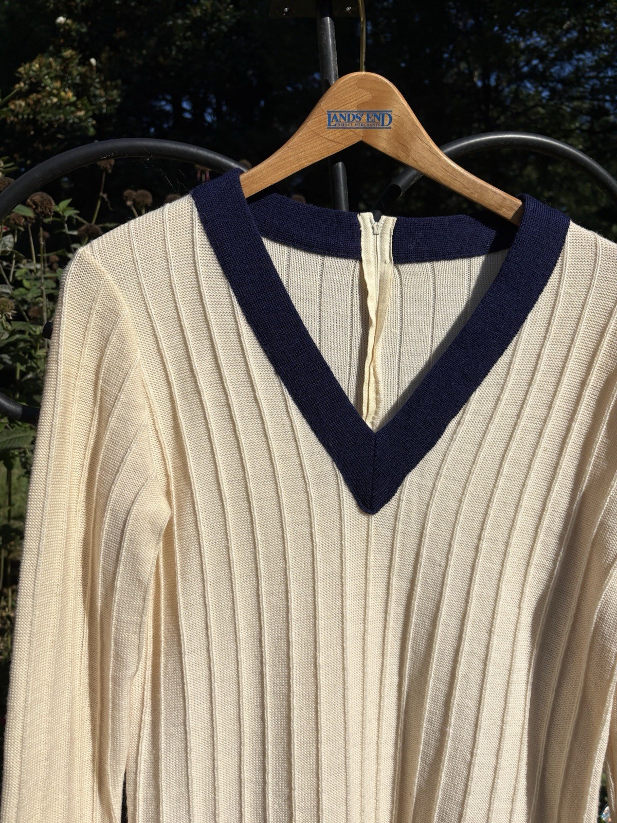 Vintage 1950s Cream And Navy V Neck Sweater Knit Dress Preppy School