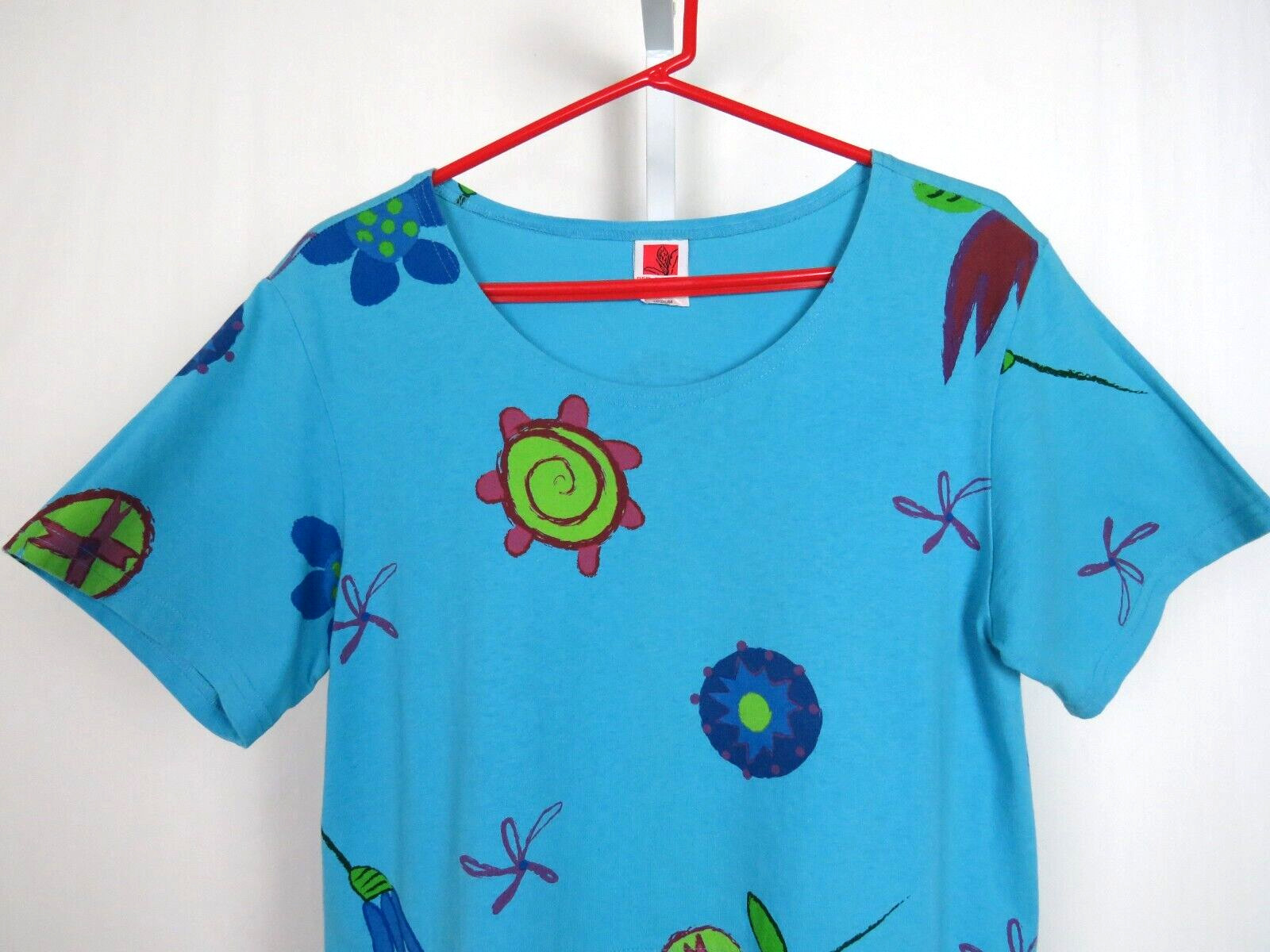 VTG 1980s 90s RED GINGER MEDIUM COTTON DRESS MOD FLOWERS ROPE BELT AQUA BLUE