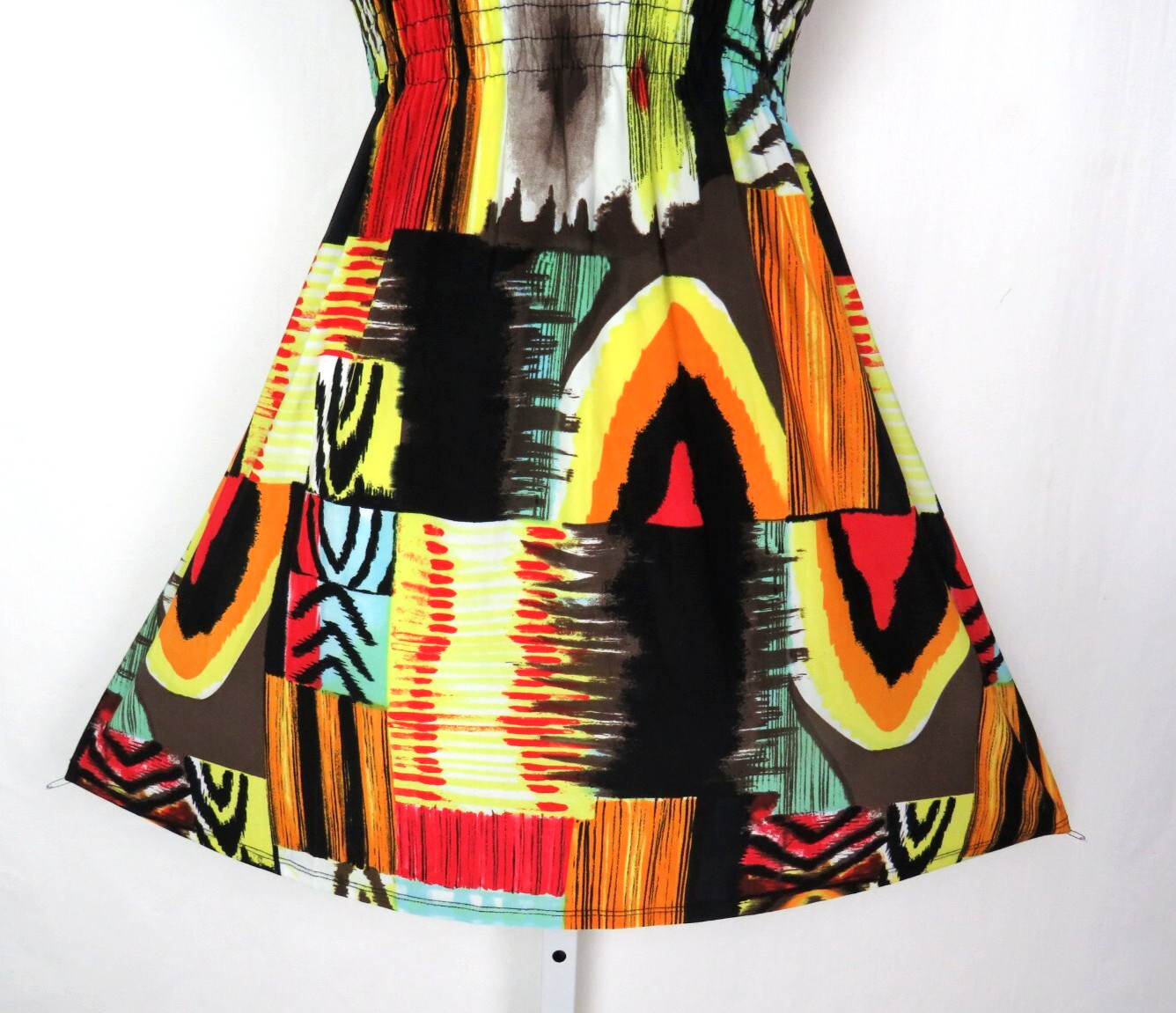 VTG 1990s MOD ABSTRACT COLOR BLOCK STRETCH DRESS OVERLAP BUST 30″ to 36″