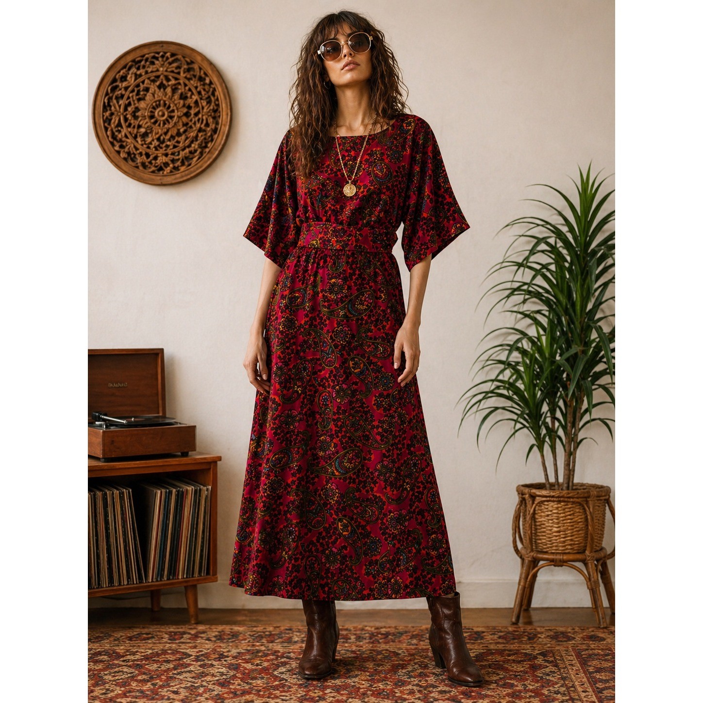 intage 70s Velvet Paisley Boho Maxi Dress Handmade Medium Retro Hippie Festival