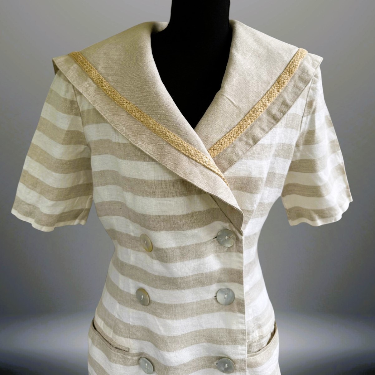 Vintage Linen Sailor Dress Women’s 14 Nautical Stripe Double Breasted USA Made