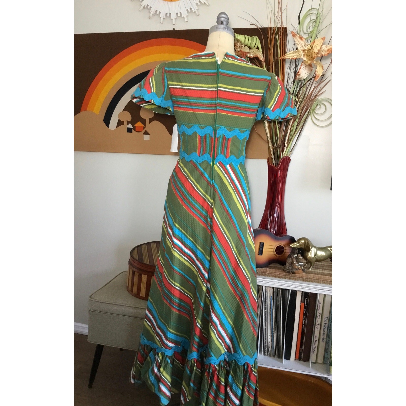 1960s Harmay St Amour Striped Maxi Dress Vintage Piquet Cotton Mod Rainbow Gown