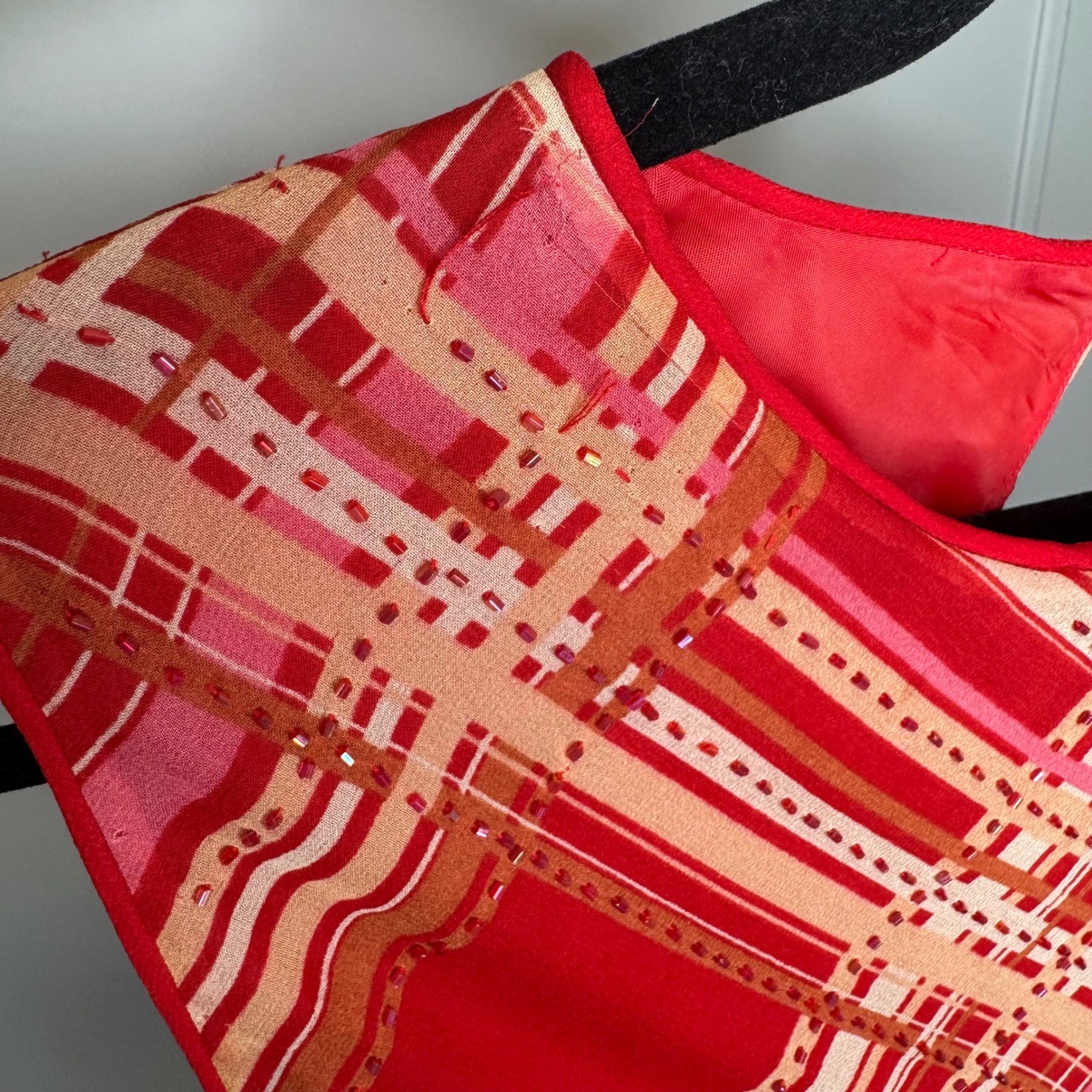 iCE Vintage 90s Y2K 100% Silk Beaded Plaid Slip Midi Dress Red Sleeveless