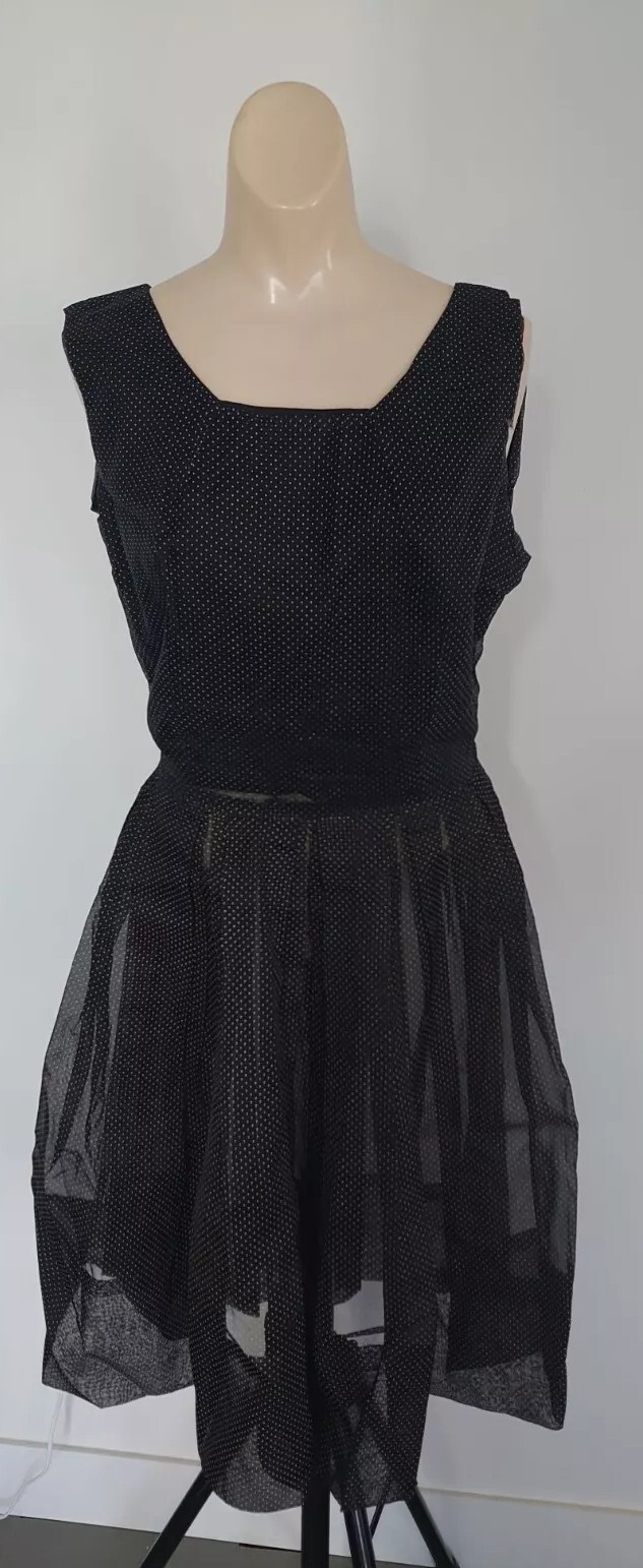 VTG Women’s 50s Fitted Sheer Black White Polka Dot Tank Dress Swing Rockabilly