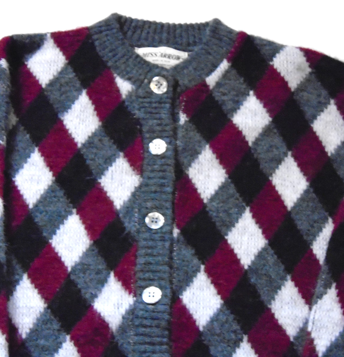 Vintage 60s Miss Arrow Cardigan Sweater Argyle Maroon Gray Black Rockabilly L