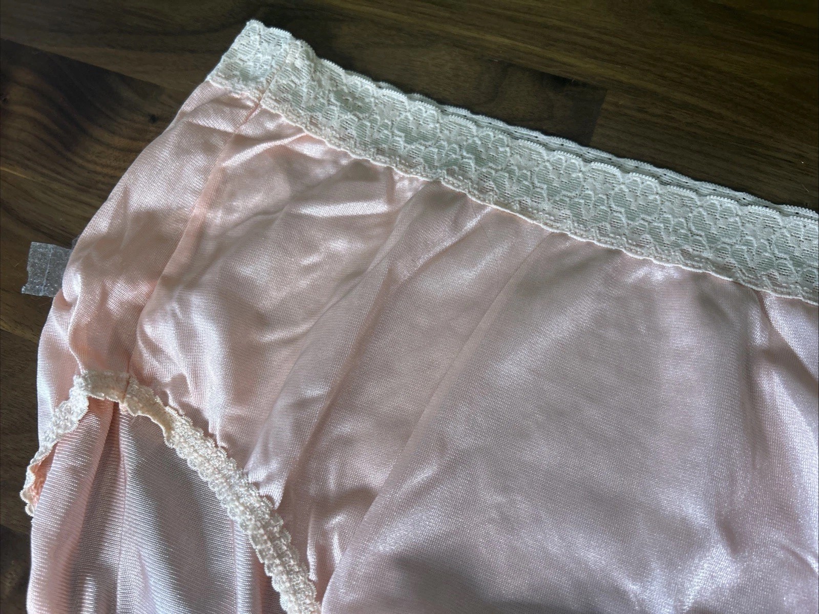 Vtg Fruit Of The Loom Panties Sz 6 Peachy Silky Nylon Lace Hi Cut Side Tag NOS
