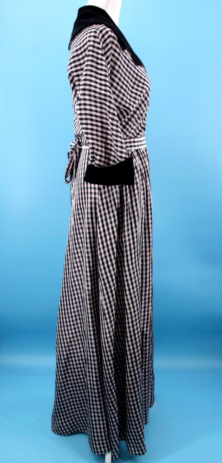 Vtg Womens 40s Black & Pink Checked Gown W/ Velvet Trim XS/S 1940s Taffeta Dress