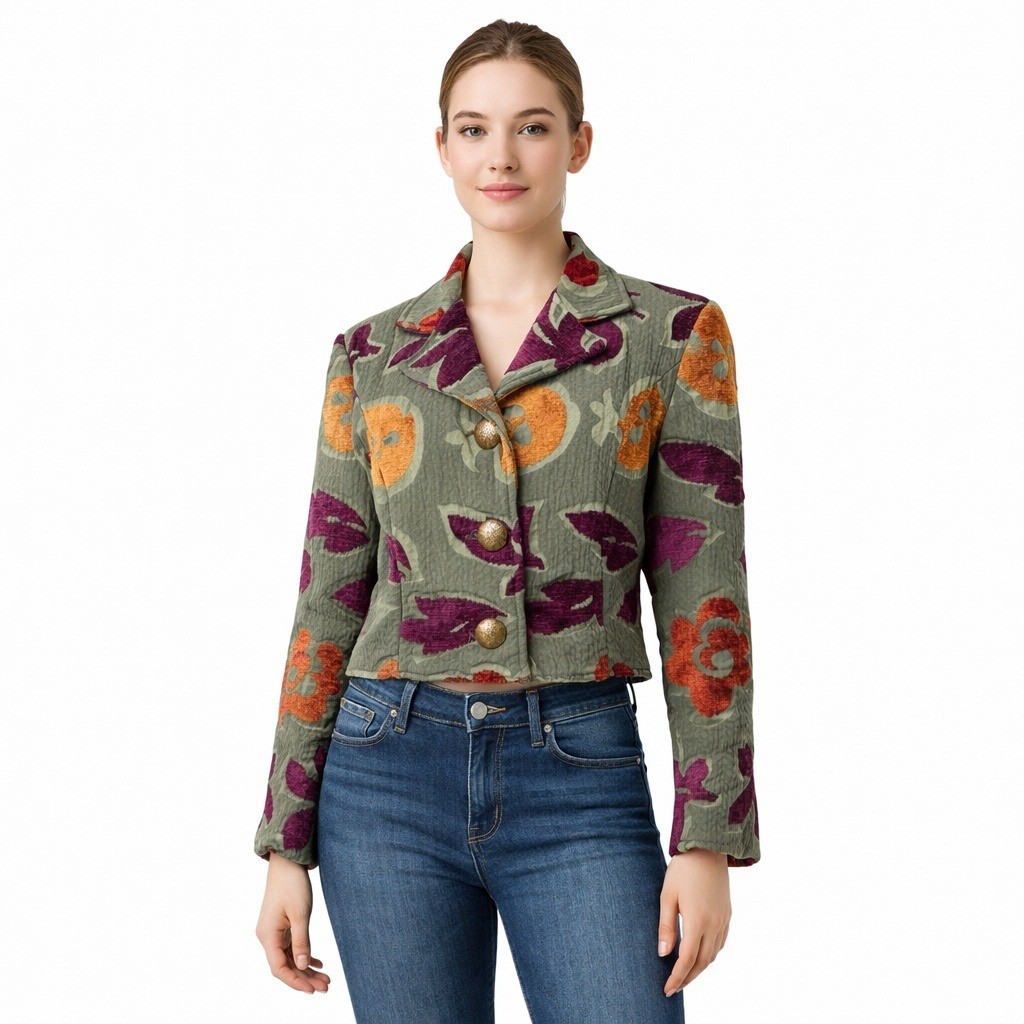 Painted Pony Women 90s Floral Tapestry Cropped Jacket Art Teacher Boho Small