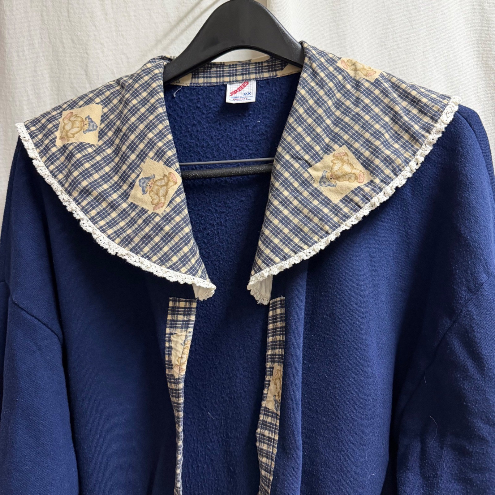 Vintage Jerzees Navy Teddy Bear Plaid Collar Fleece Cardigan 2X USA Cottagecore