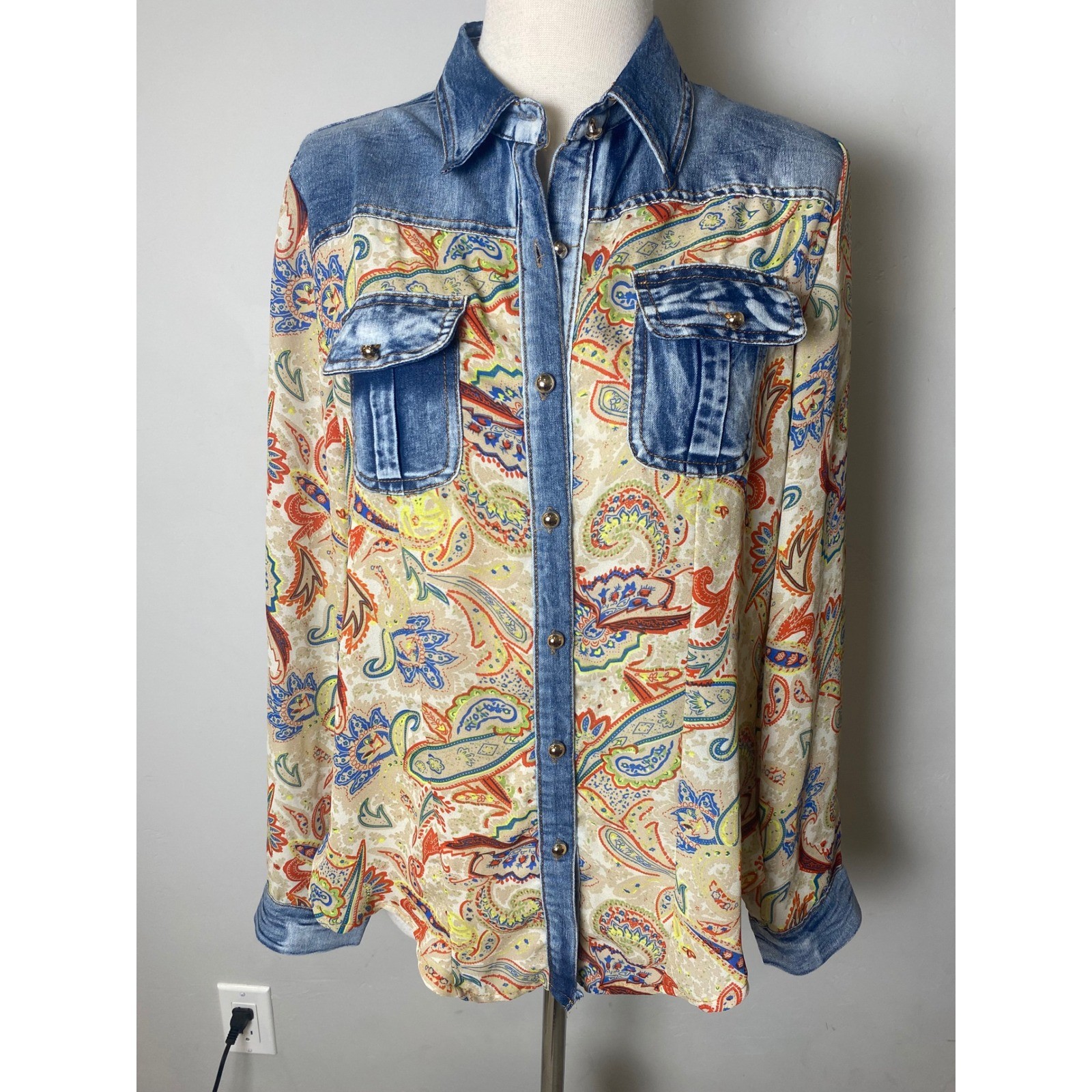 Vintage 90’s Denim Sheer Paisley long Sleeved Shirt Boho S