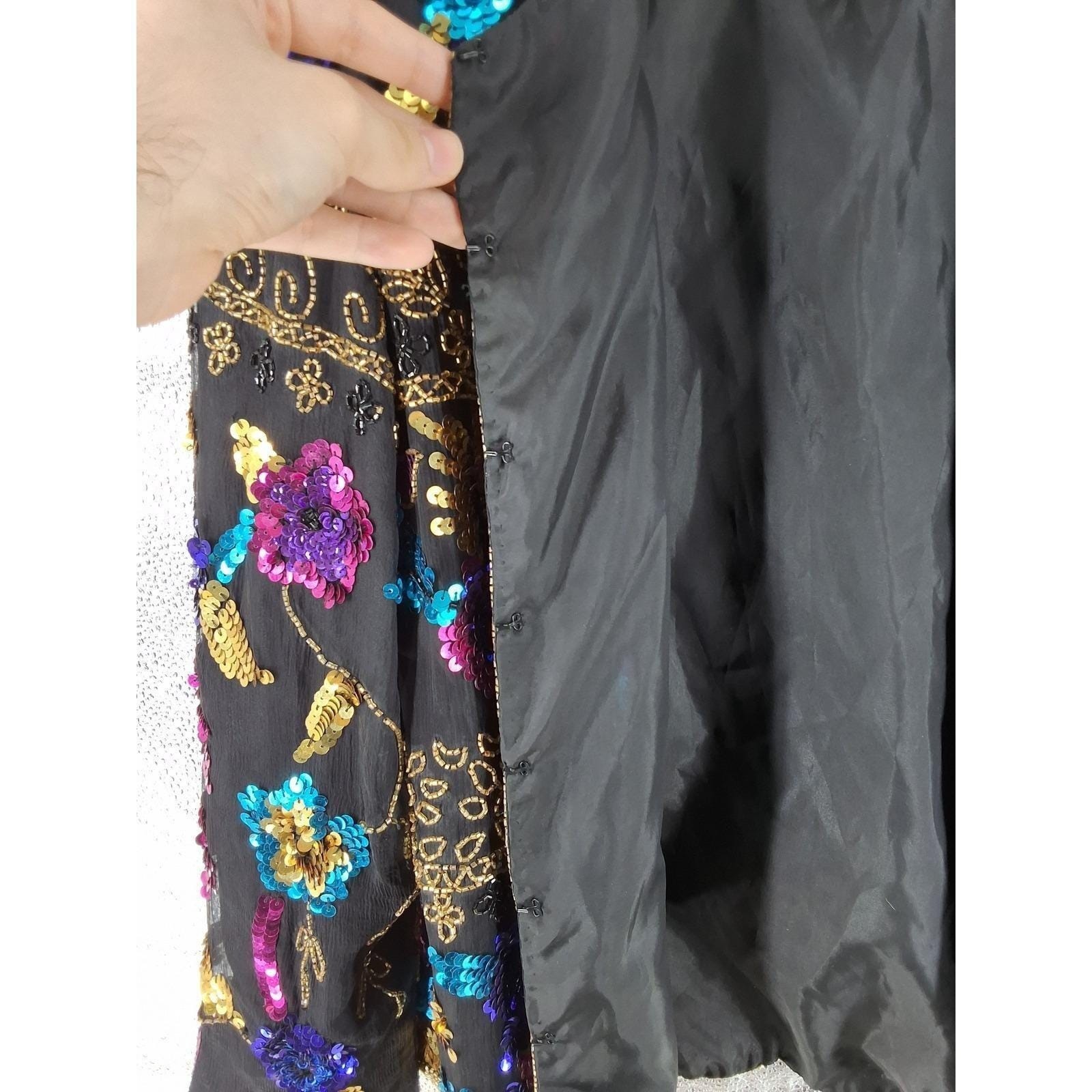 Vintage Drapers & Damons Silk Sequin Beaded Floral Evening Jacket Black PXL