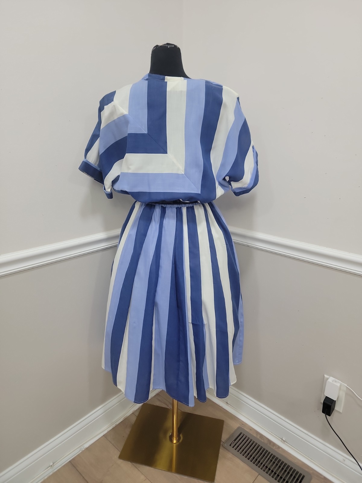 80s Blue White Striped Dolman Sleeve Pleated Dress Belted Nautical Party Dress